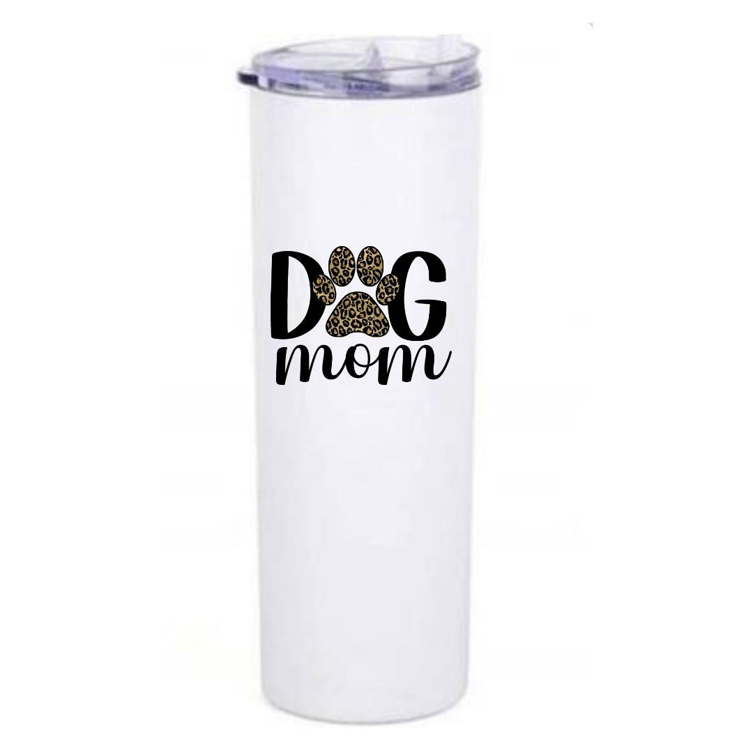 A stylish DOG MOM leopard print 20oz skinny travel tumbler with a sliding lid and straw, perfect for on-the-go hydration.