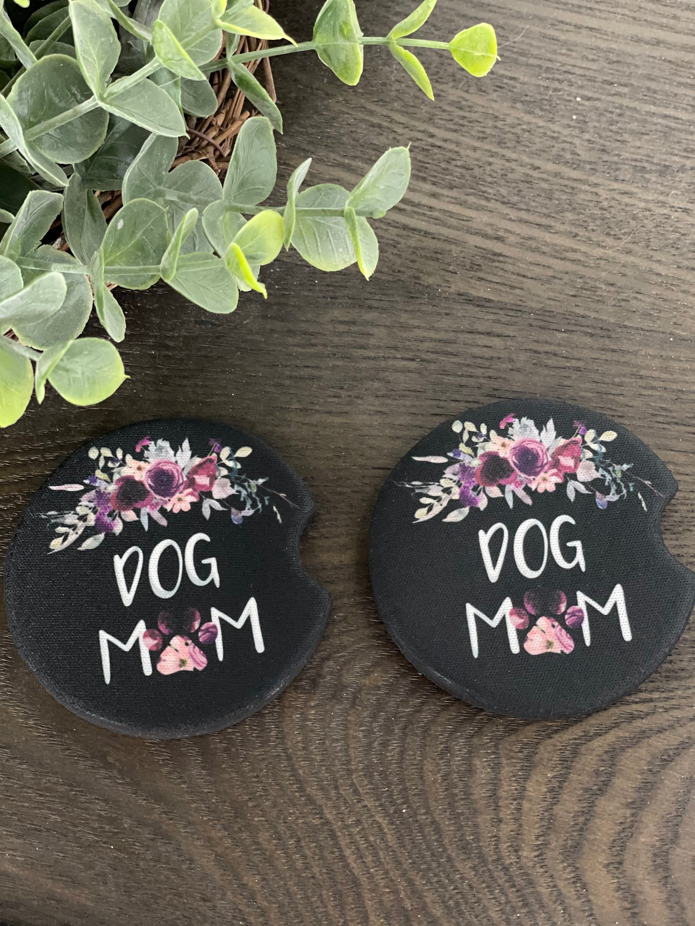 Dog Mom Neoprene Car Coaster Set featuring a stylish design, perfect for dog lovers, made from durable neoprene material.