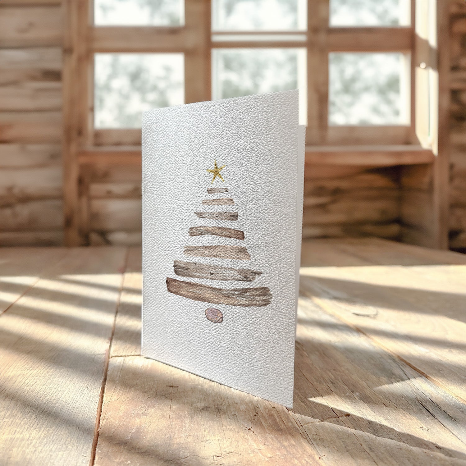 Driftwood Christmas Tree greeting card on ultra white cardstock with a felt finish, featuring a beautiful nature-inspired design.