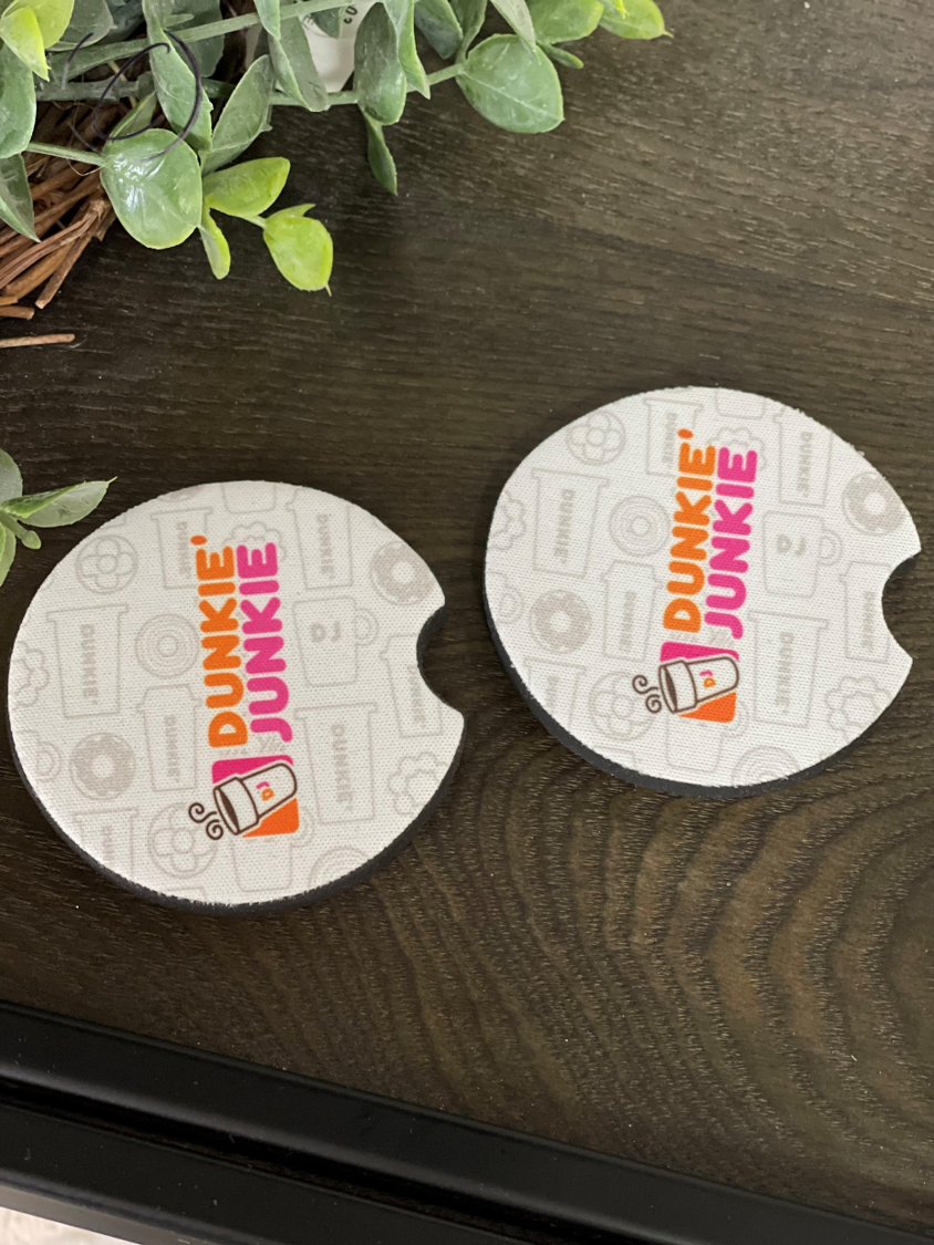 Dunkie Junkie Neoprene Car Coaster Set featuring a stylish design, perfect for holding tumblers securely in car cup holders.
