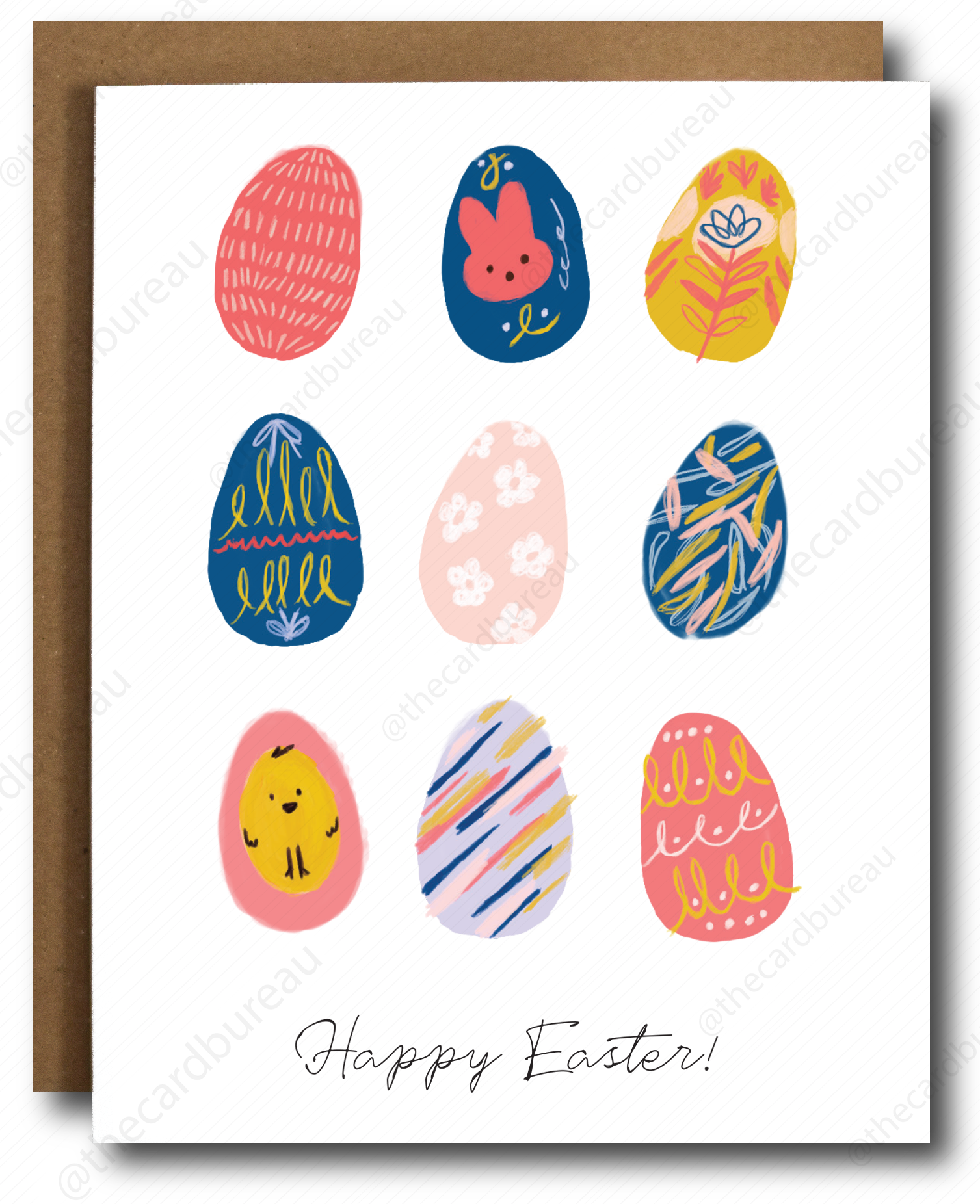 A colorful Easter Eggs card featuring decorated eggs, perfect for sending Easter wishes, with a recycled Kraft envelope.