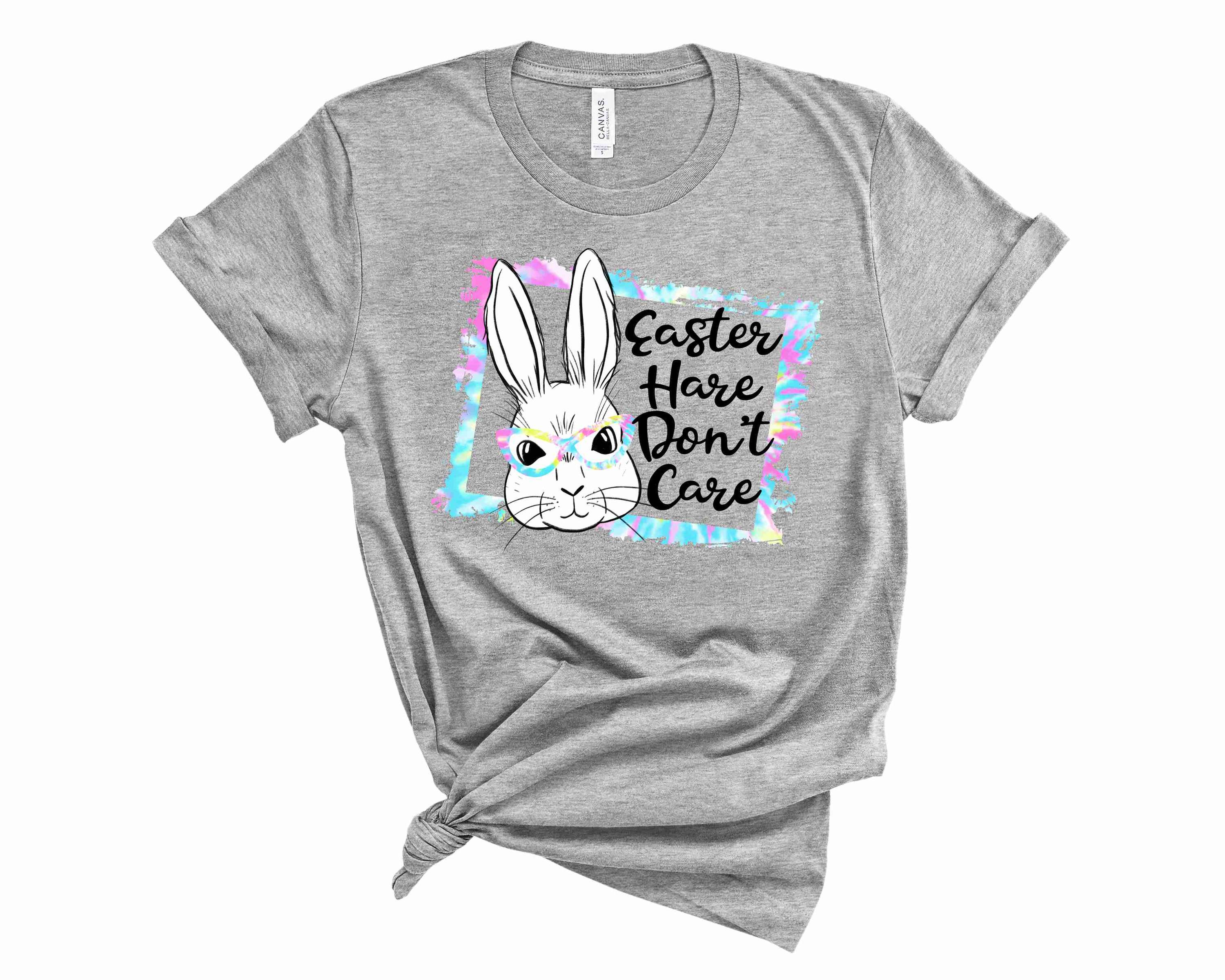 Easter Hare Don't Care graphic tee featuring a playful hare design, perfect for casual Easter celebrations.