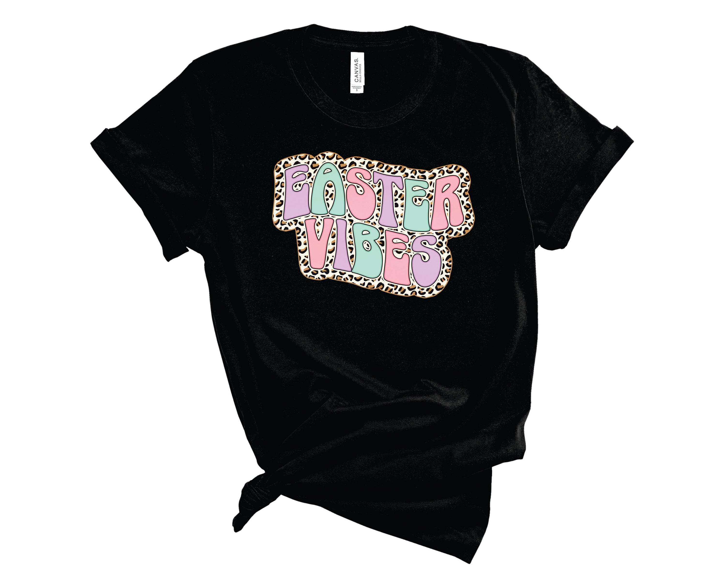 Easter Vibes Retro Leopard Pastel Graphic Tee featuring vibrant pastel colors and a stylish leopard print design.
