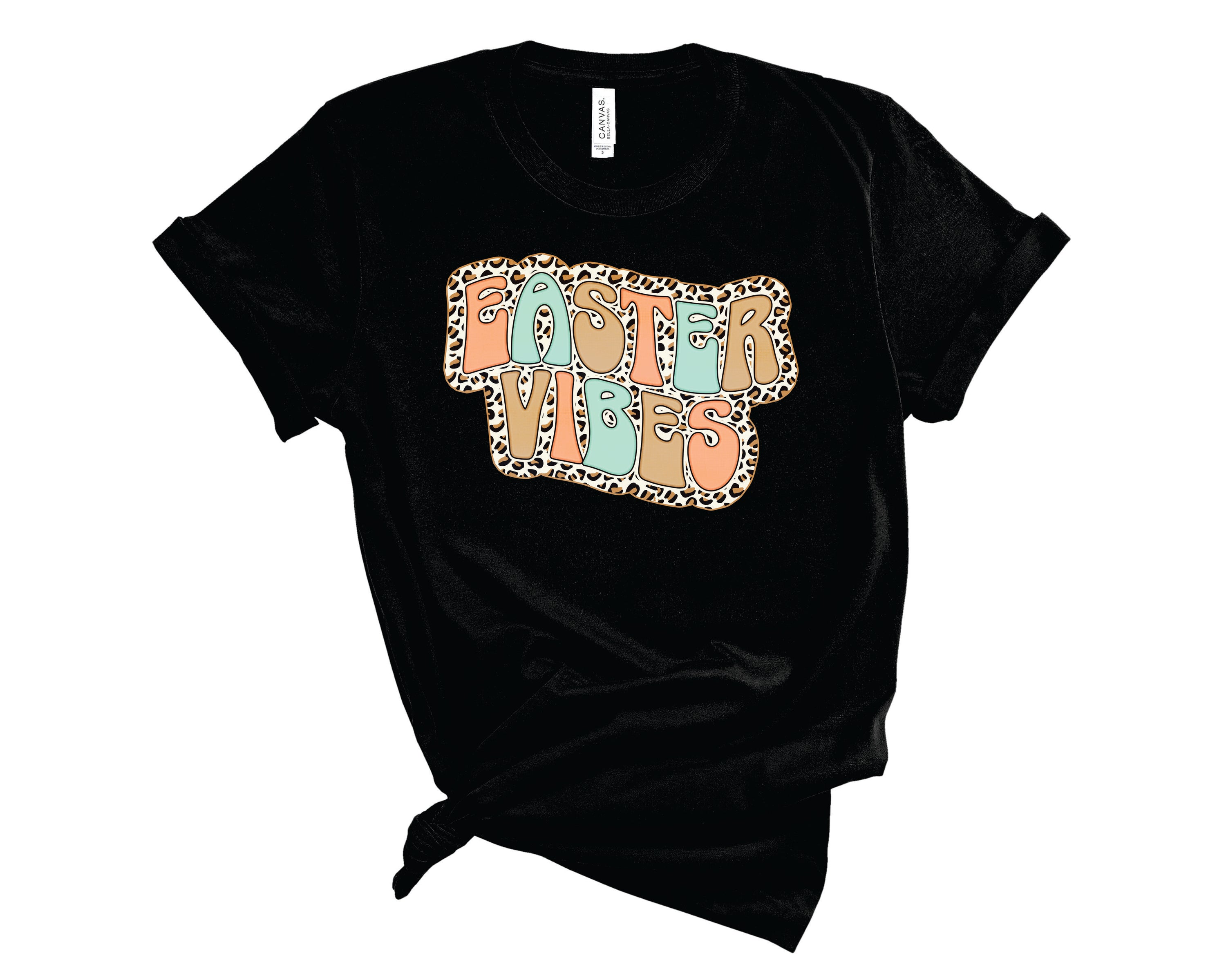 Easter Vibes Retro Leopard Peach Mint Graphic Tee featuring vibrant colors and a stylish leopard print design.