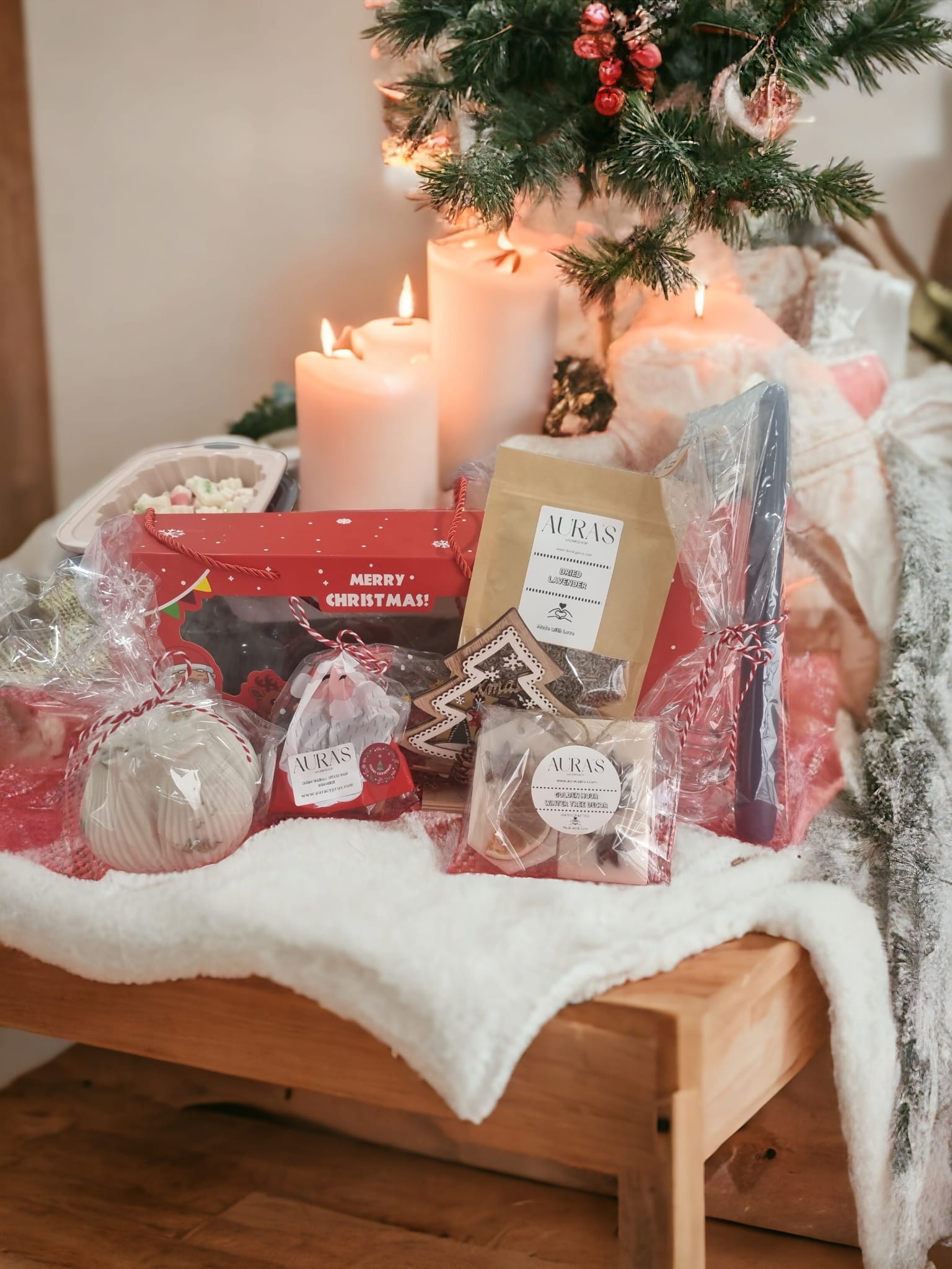 Elegant Christmas Large Box filled with scented candles, wax melts, bath salts, artisanal soaps, and decorative elements for holiday celebrations.