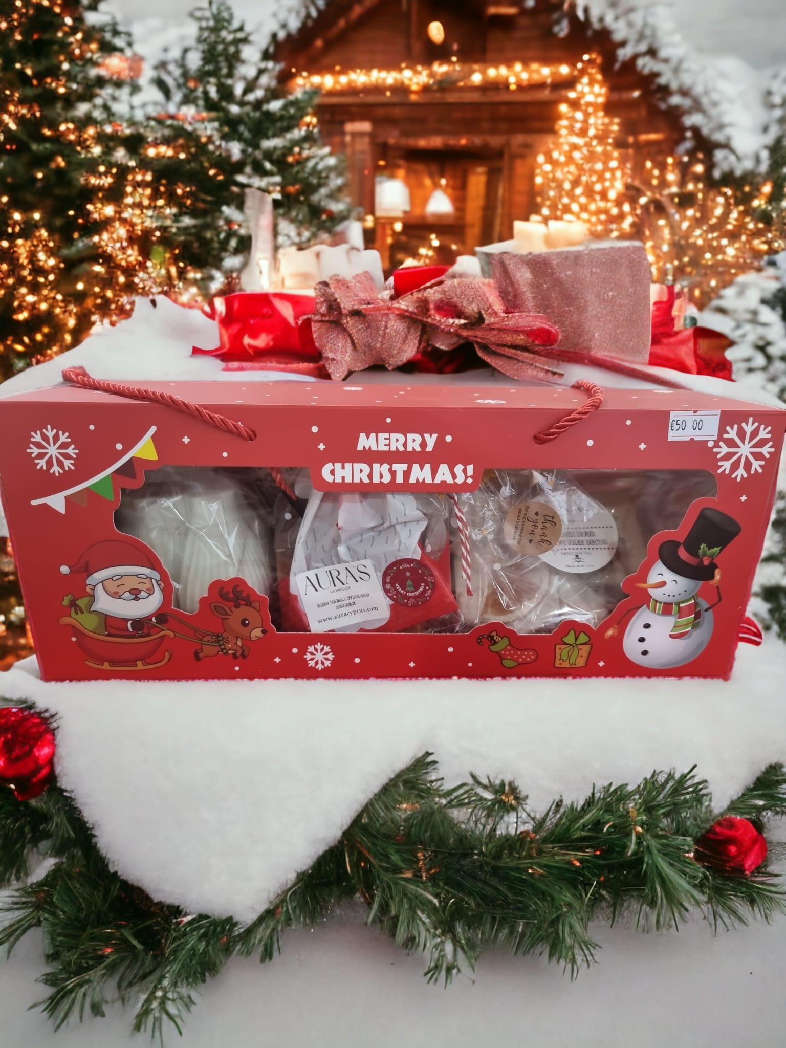 Elegant Christmas Large Box filled with scented candles, wax melts, bath salts, artisanal soaps, and decorative elements for holiday celebrations.