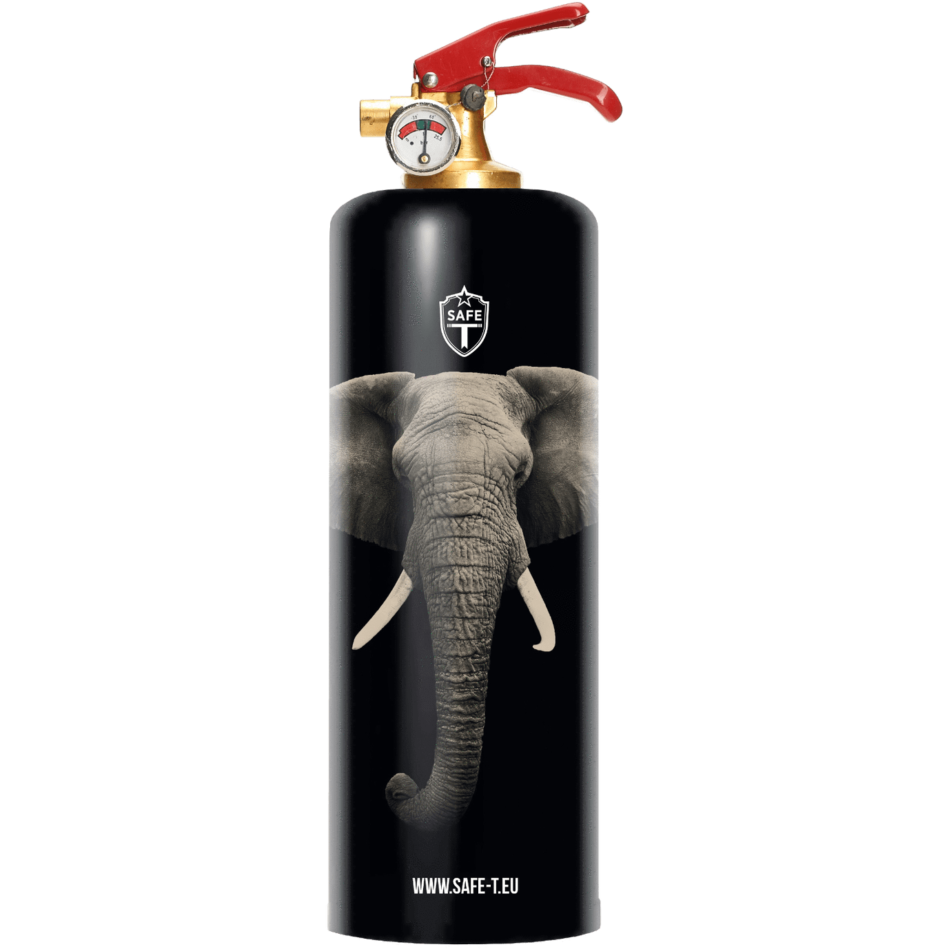 Stylish Safe-T Elephant fire extinguisher in a chic design, made of steel and brass, perfect for home decor.