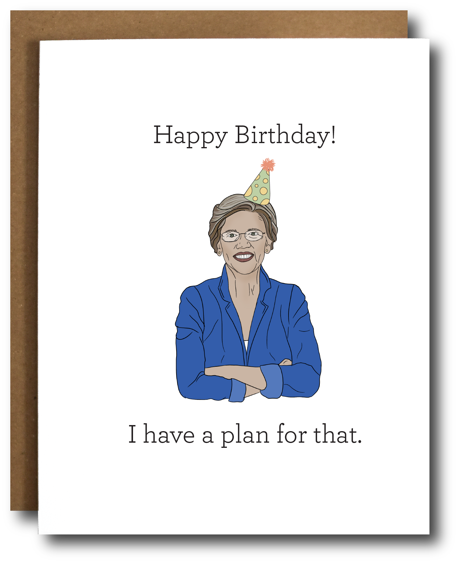 A beautifully designed Elizabeth Warren Birthday Card with a brown recycled kraft envelope, featuring an open tab sleeve.