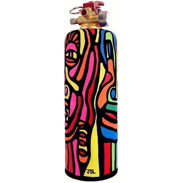 Hand-painted designer fire extinguisher by Jill Lefkowitz, featuring vibrant colors and unique artistic design.