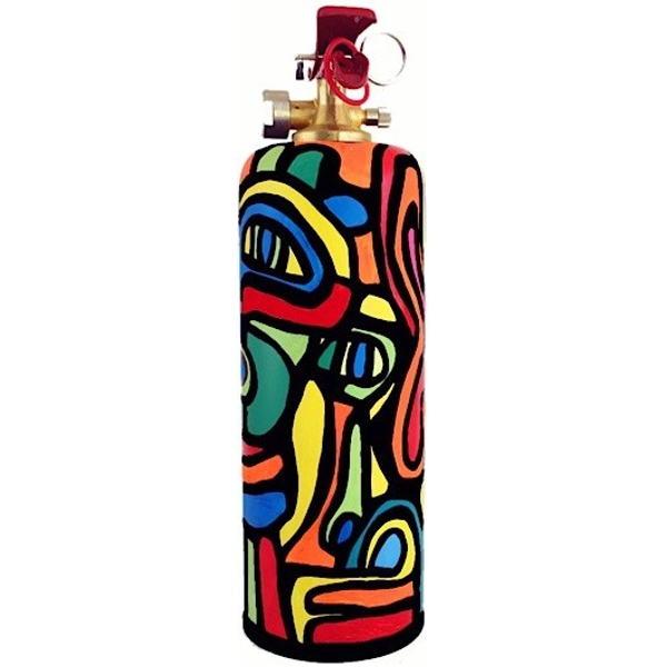 Hand-painted designer fire extinguisher by Jill Lefkowitz, featuring vibrant colors and unique artistic design.