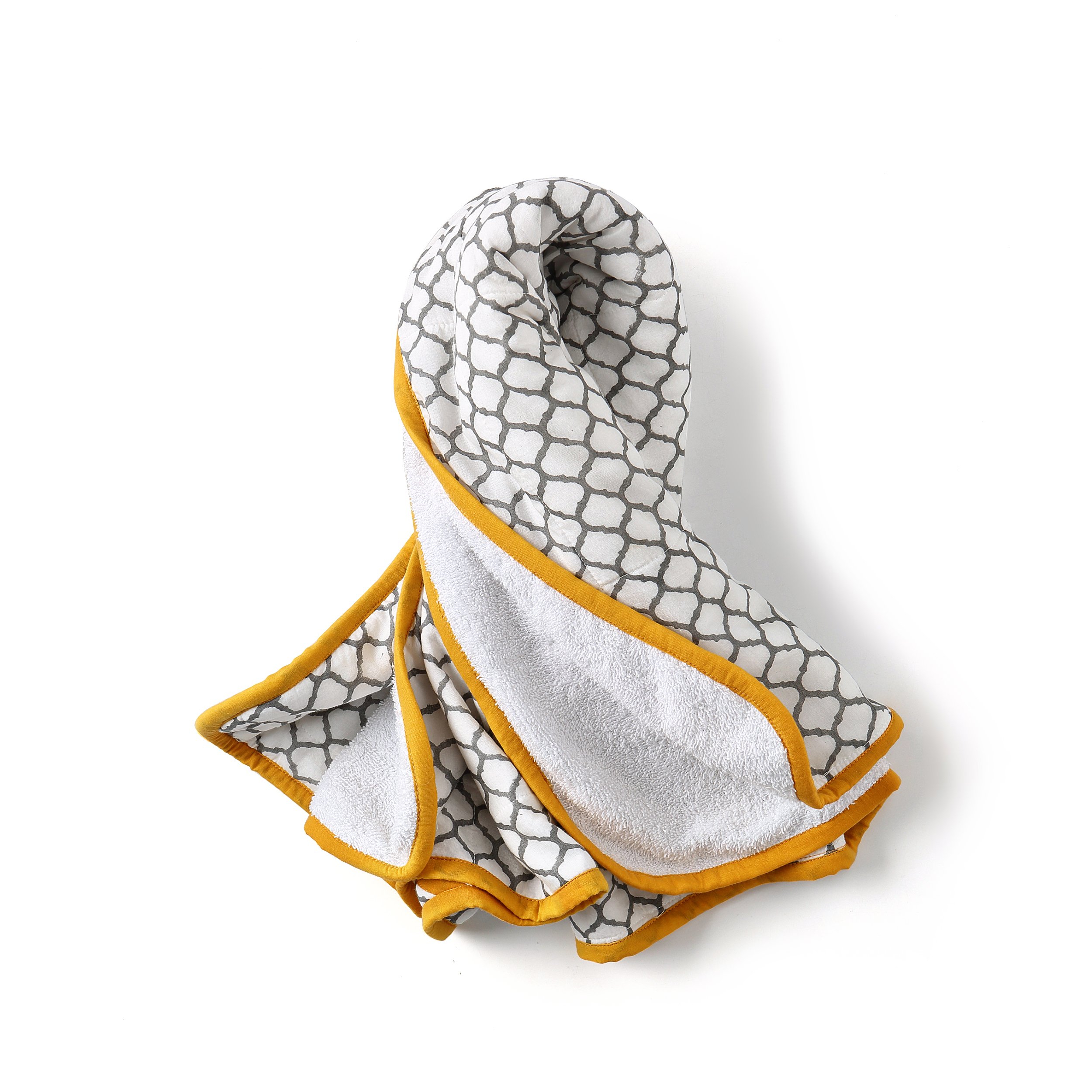 ERAWAN Towel featuring unique block-print design, made from soft cotton voile and plush terry, perfect for newborns to 4 years old.