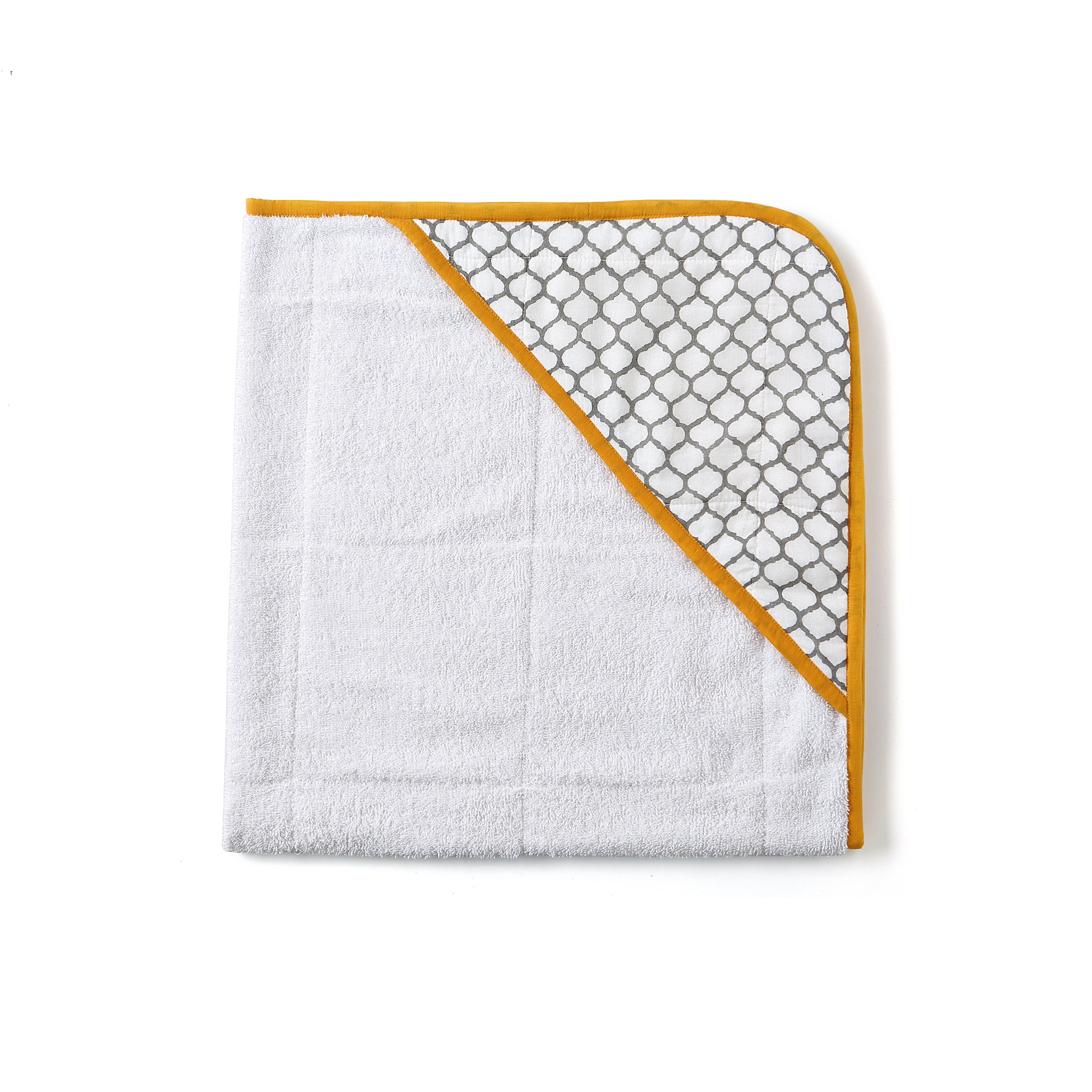 ERAWAN Towel featuring unique block-print design, made from soft cotton voile and plush terry, perfect for newborns to 4 years old.