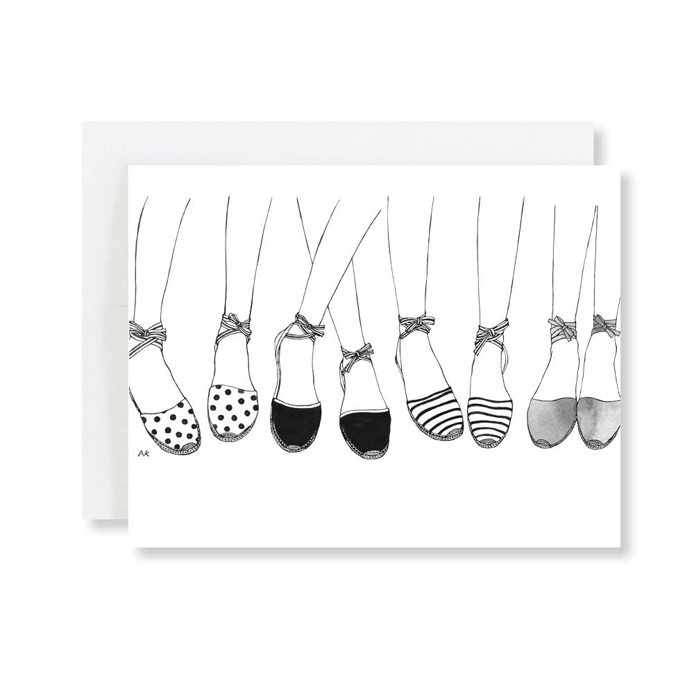 Espadrilles shoes fashion illustration on a blank card with a metallic envelope.