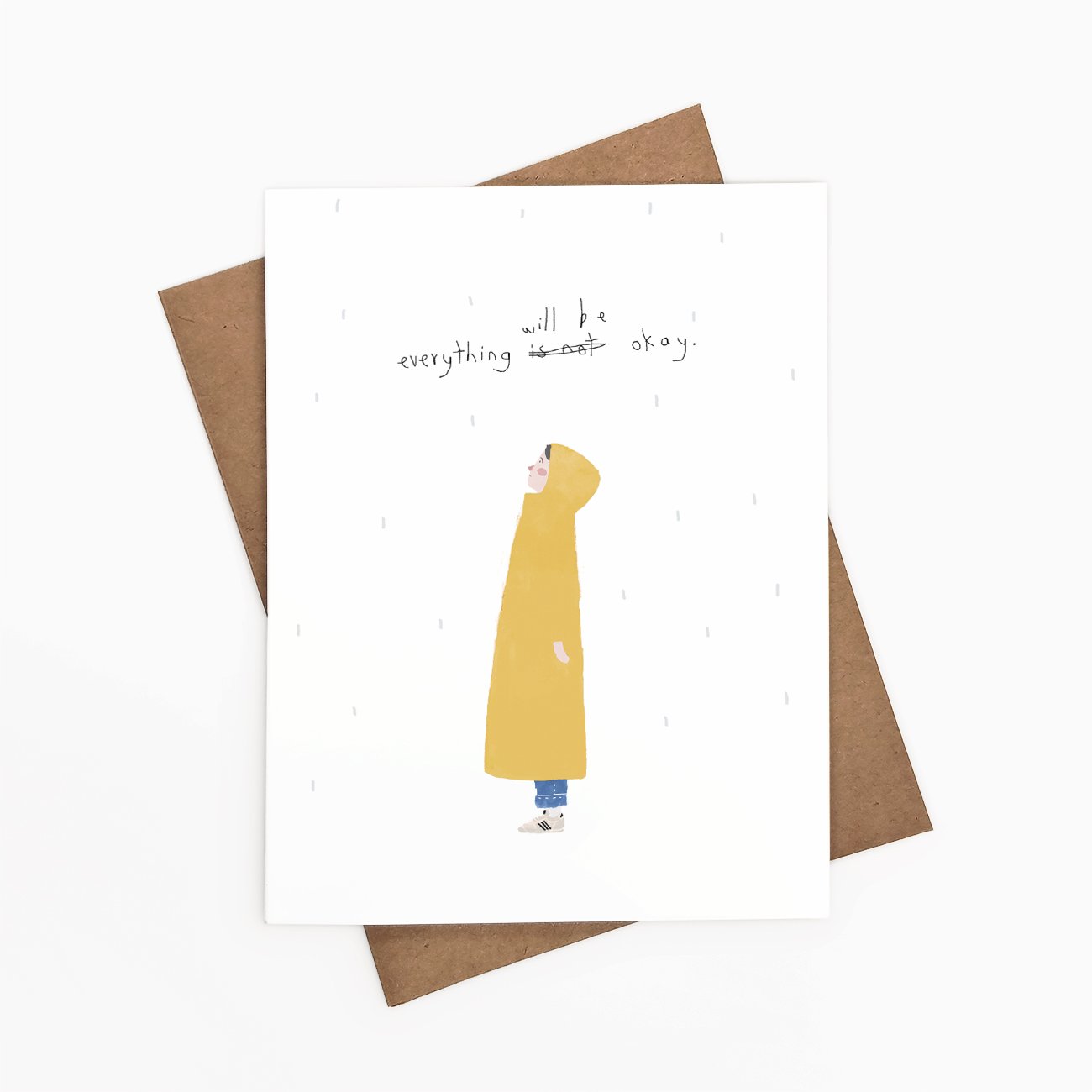 An uplifting illustrated card with the message 'Everything Will Be Okay', featuring a comforting design and a blank back for personal notes.