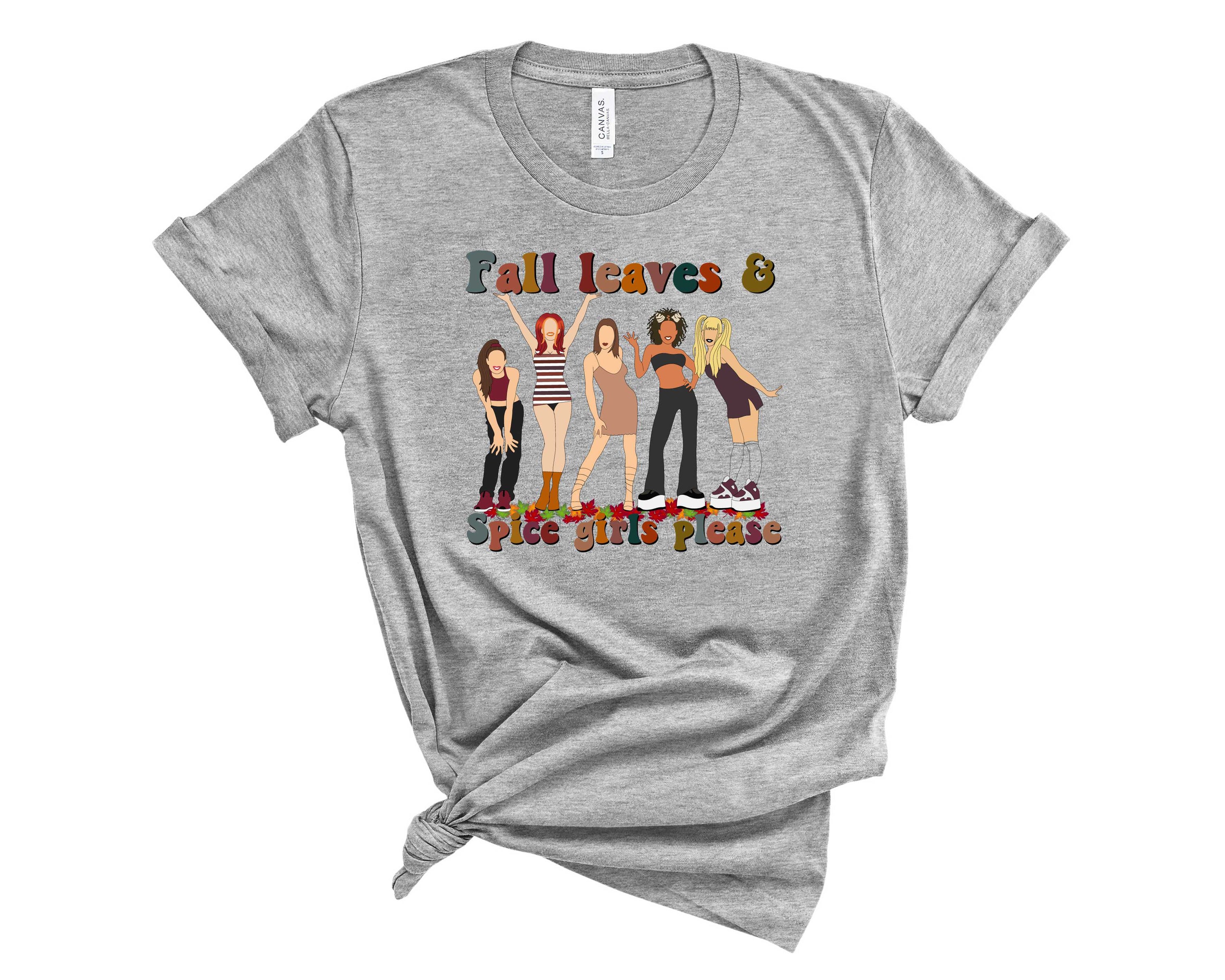 Fall Leaves and Spice Girls Graphic Tee featuring vibrant autumn colors and iconic pop culture design.