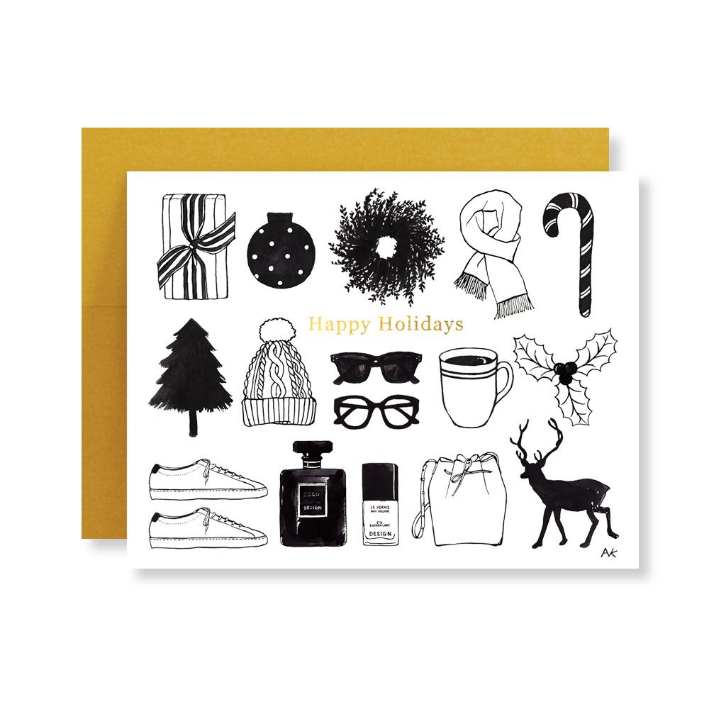 Fashion Illustration Chic Holiday Boxed Card Set featuring 8 stylish cards and gold metallic envelopes in a clear box.