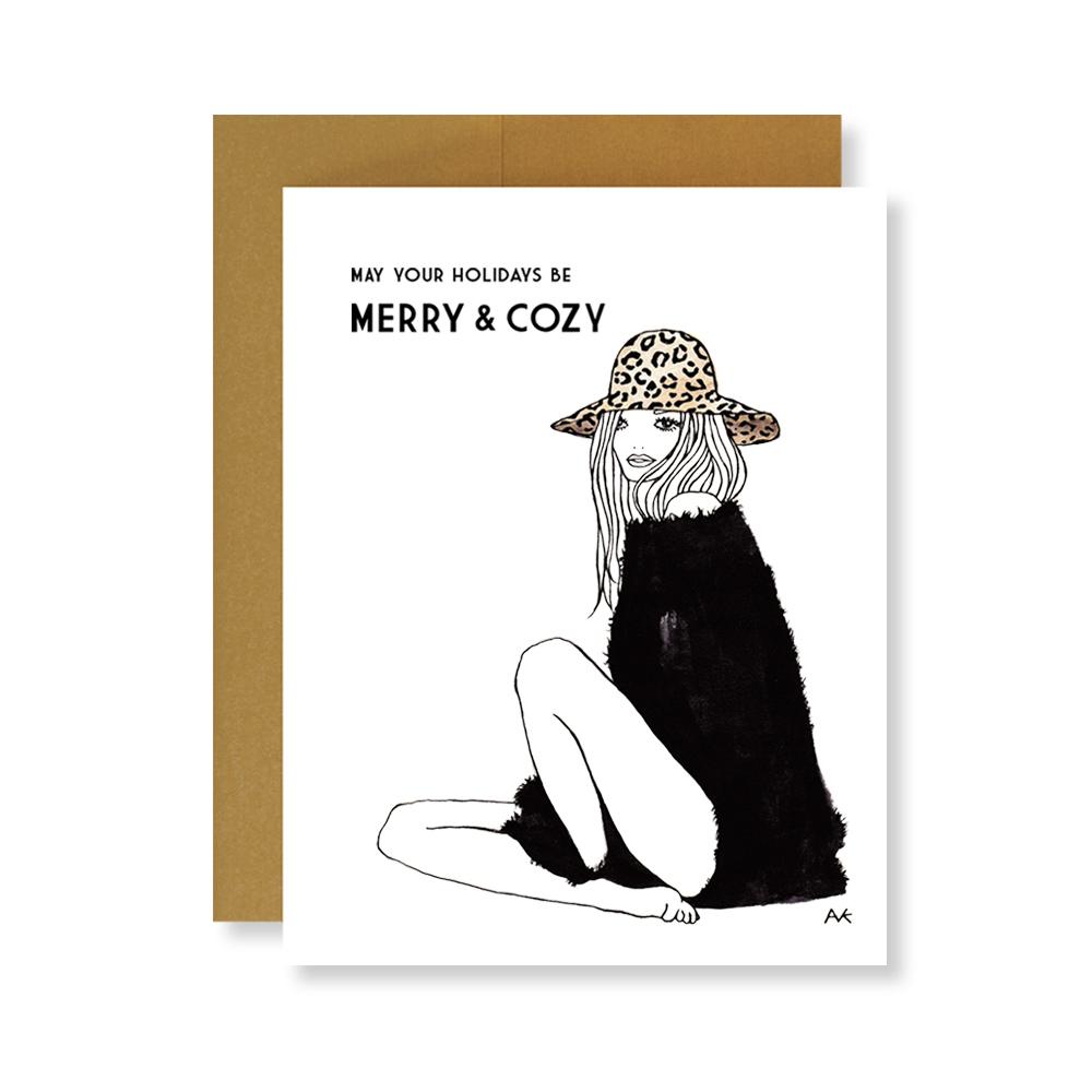 Fashion Illustration Leopard Hat Girl Holiday Boxed Card Set featuring stylish cards and antique gold envelopes in a clear box.