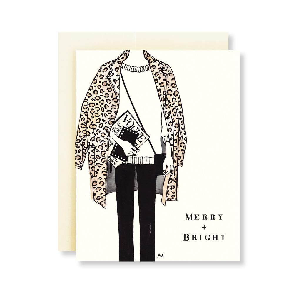 Fashion Illustration Leopard Jacket Christmas Card with a stylish design and champagne metallic envelope.