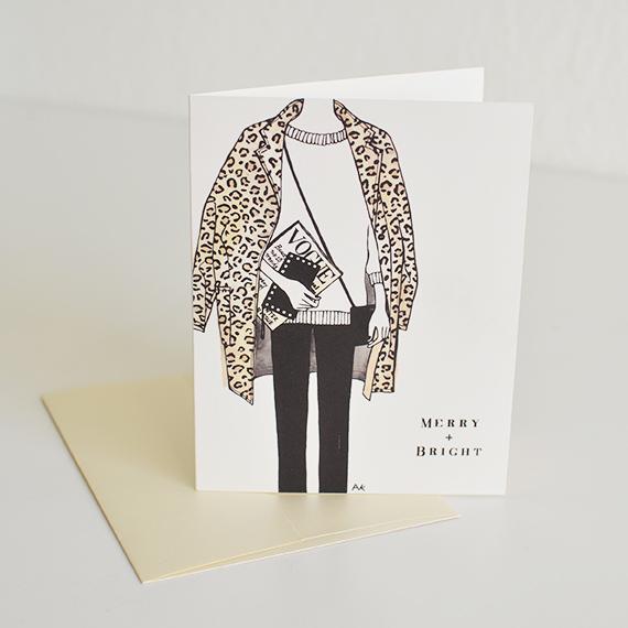 Fashion Illustration Leopard Jacket Christmas Card with a stylish design and champagne metallic envelope.