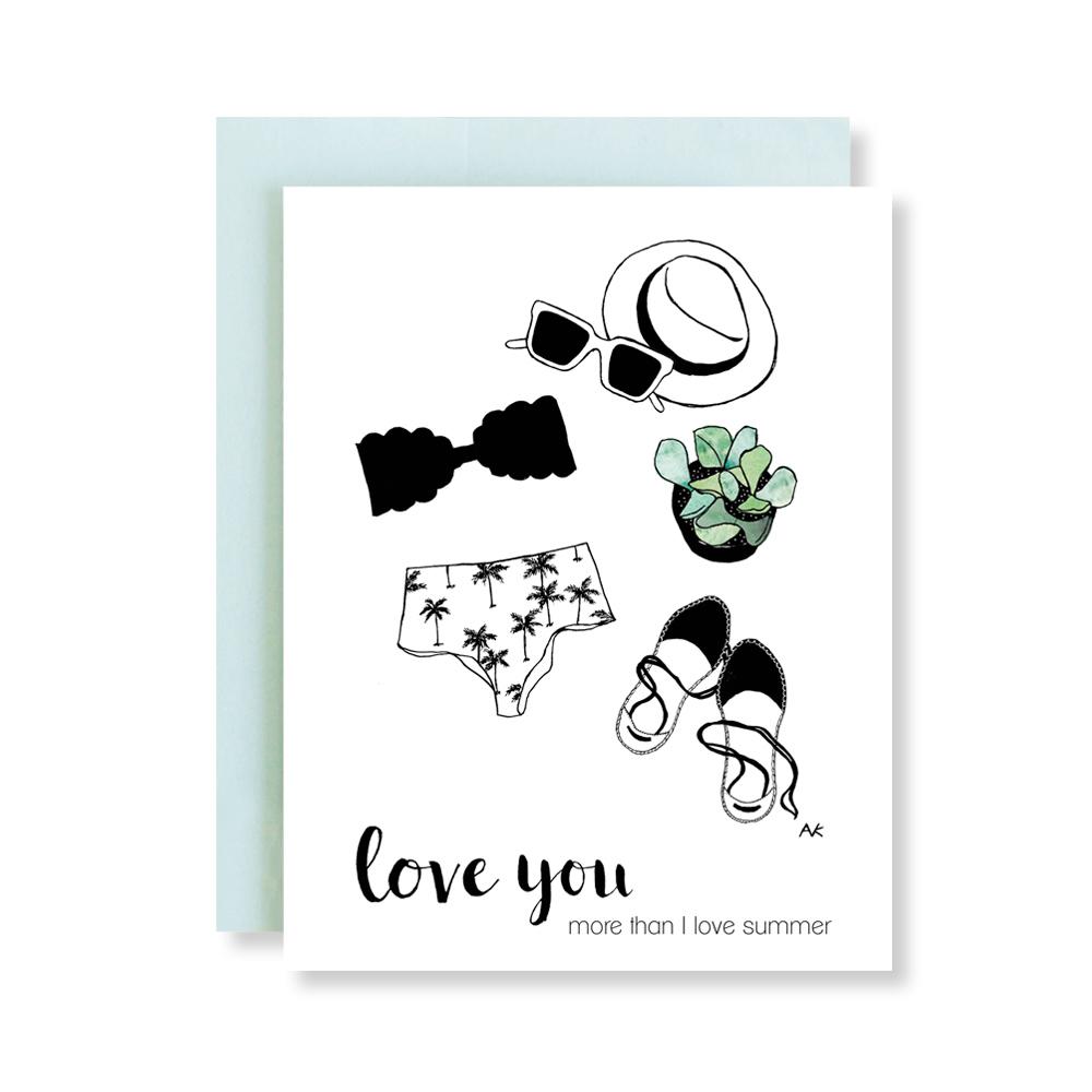 Fashion Illustration Love You Summer Card with aqua metallic envelope, A2 size, blank inside for personal messages.