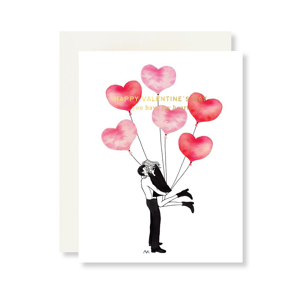 Fashion Illustration Pink Balloons Valentines Card featuring elegant gold foil stamping and a quartz metallic envelope.