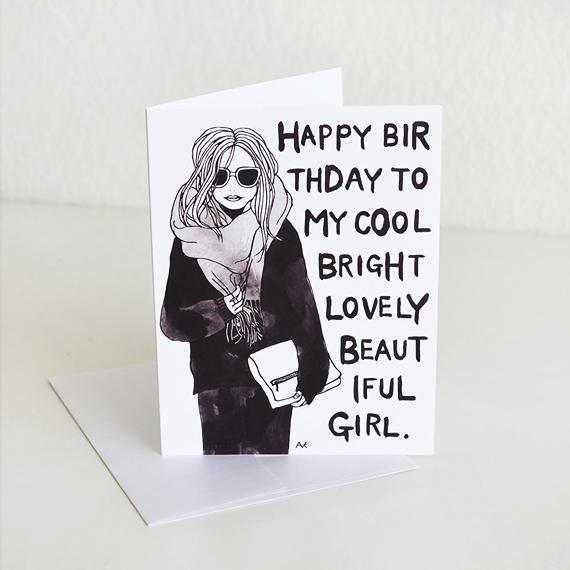 A stylish birthday card featuring a chic fashion illustration, A2 size with a crystal metallic envelope.