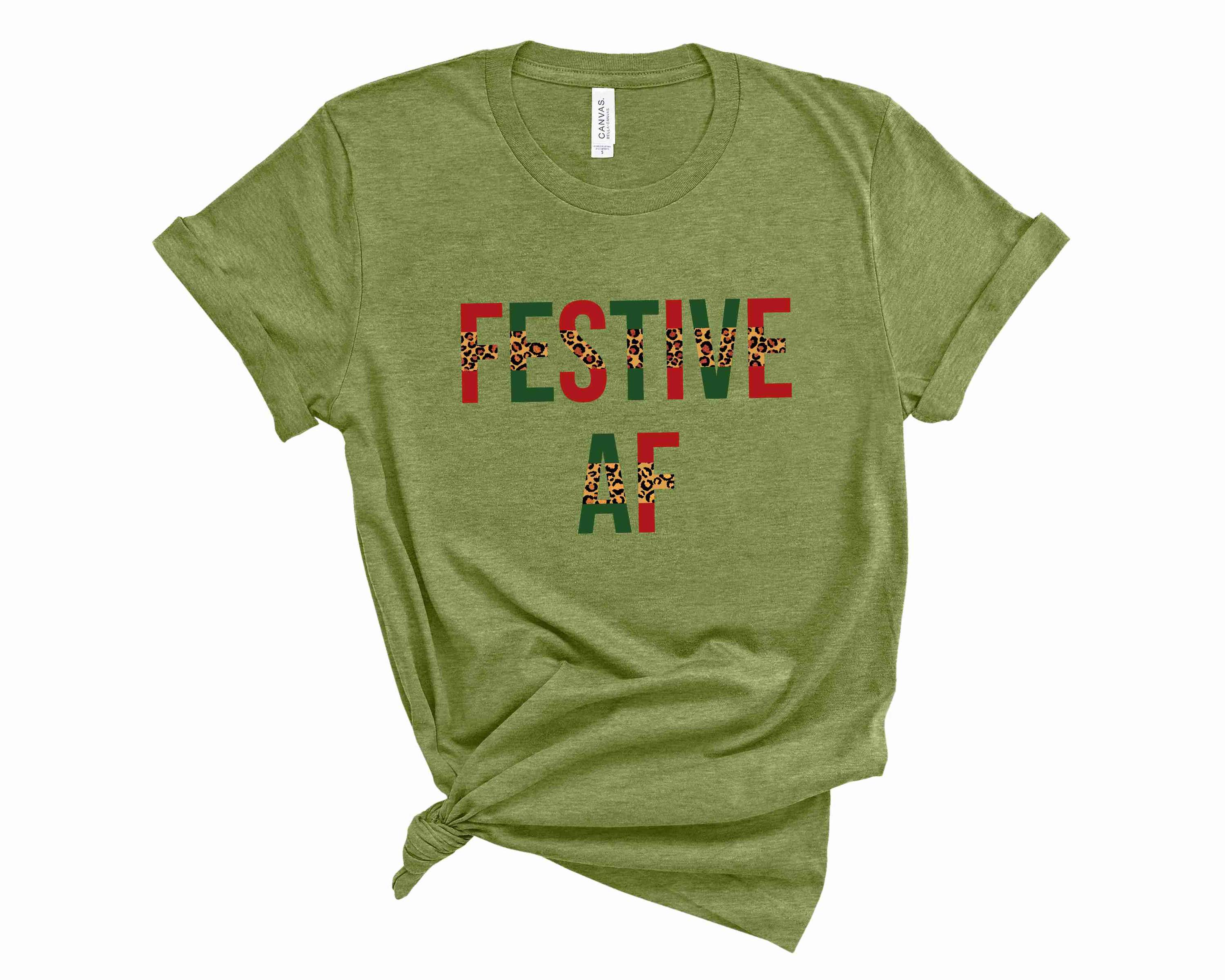 A unisex graphic tee featuring a vibrant 'Festive AF' print, perfect for celebrations.