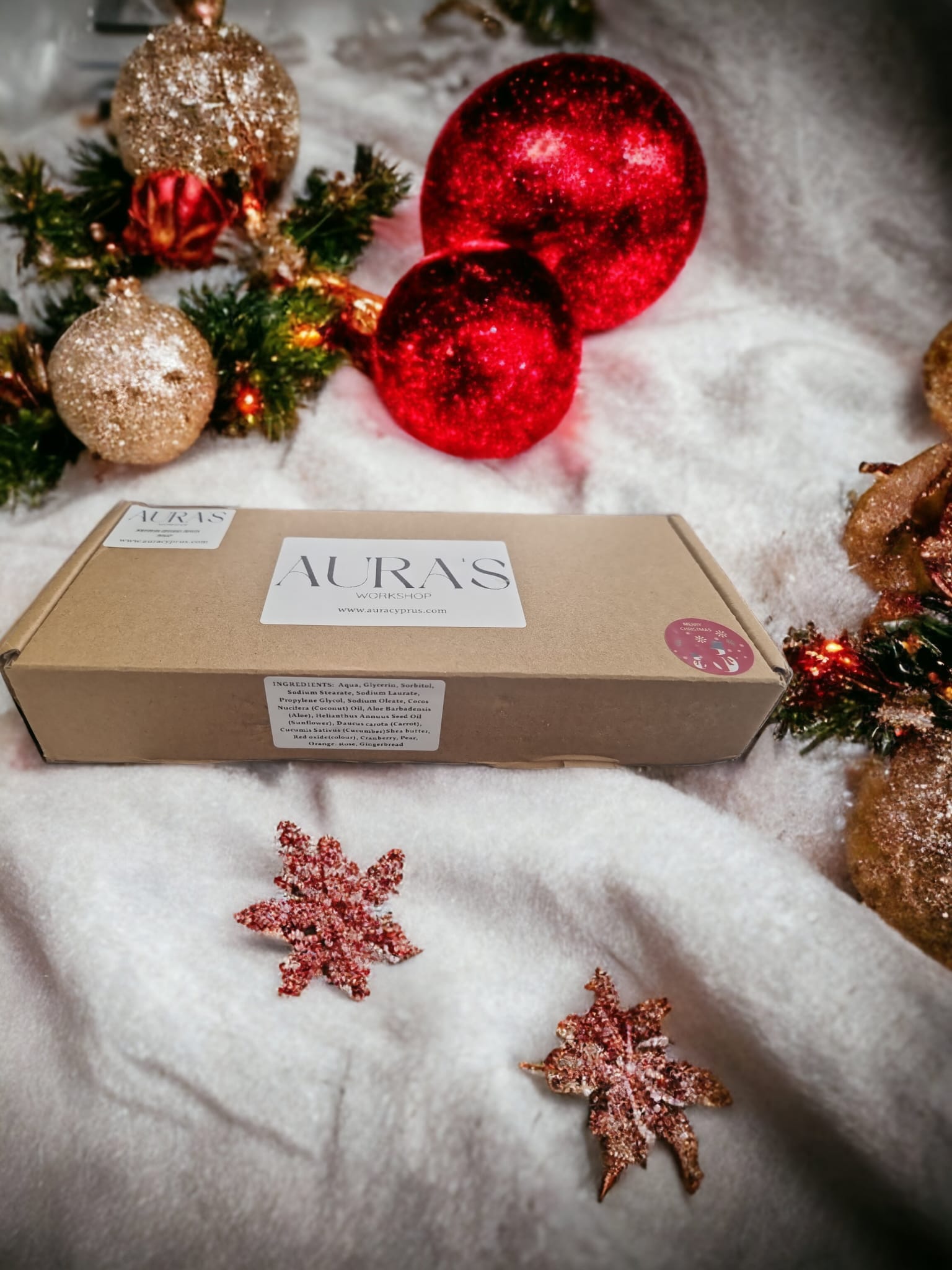 Festive Citrus Spice Gift Box containing three seasonal soap bars with citrus and spice scents, elegantly packaged for the holidays.