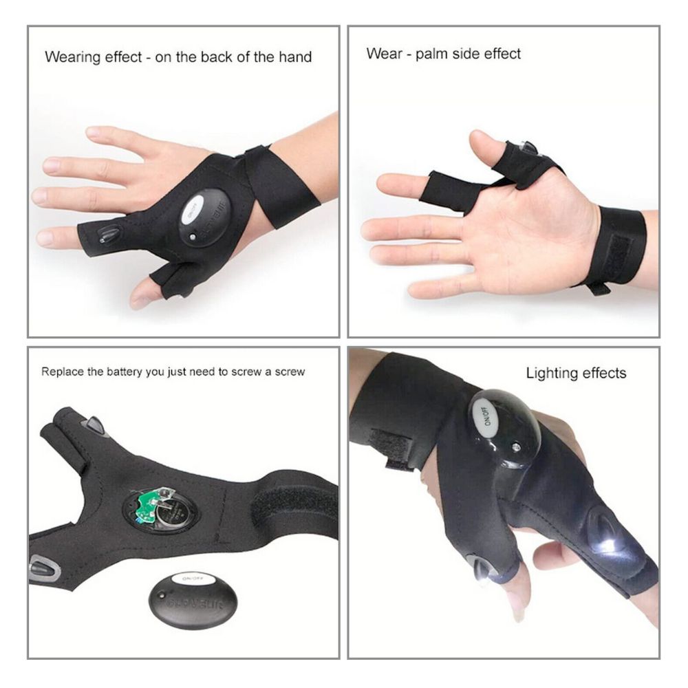 A pair of Flash Light LED Gloves featuring bright LED lights on the index fingers and thumb, designed for hands-free illumination.
