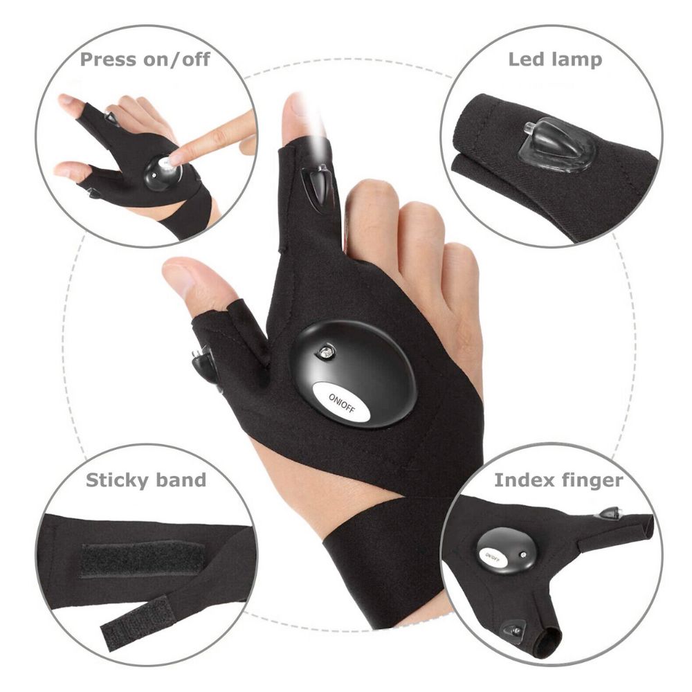A pair of Flash Light LED Gloves featuring bright LED lights on the index fingers and thumb, designed for hands-free illumination.
