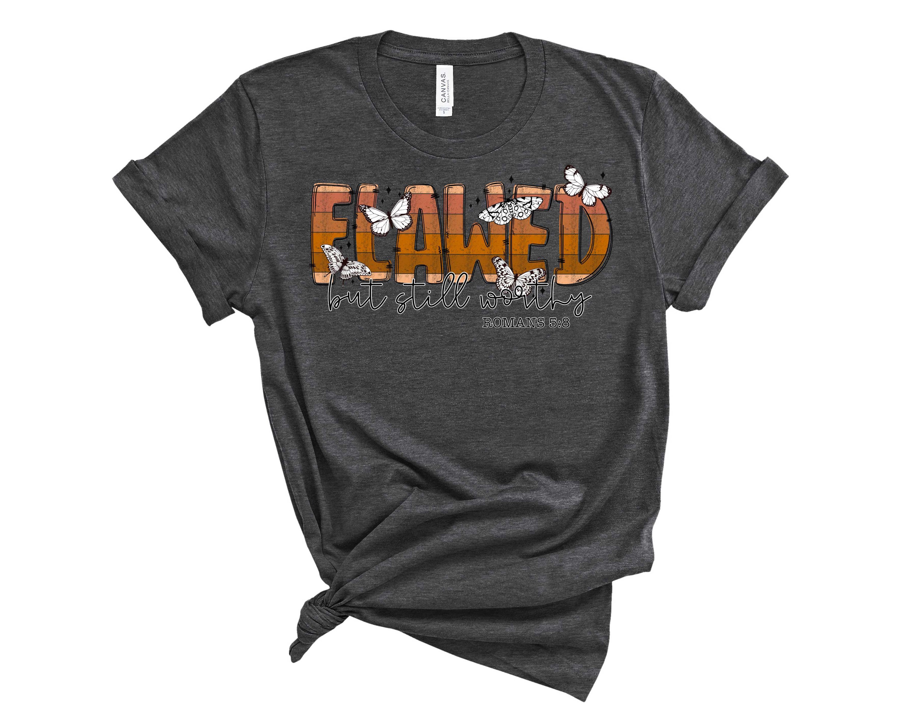 Flawed but Worthy Graphic Tee displayed on a mannequin, showcasing its unique design and comfortable fit.