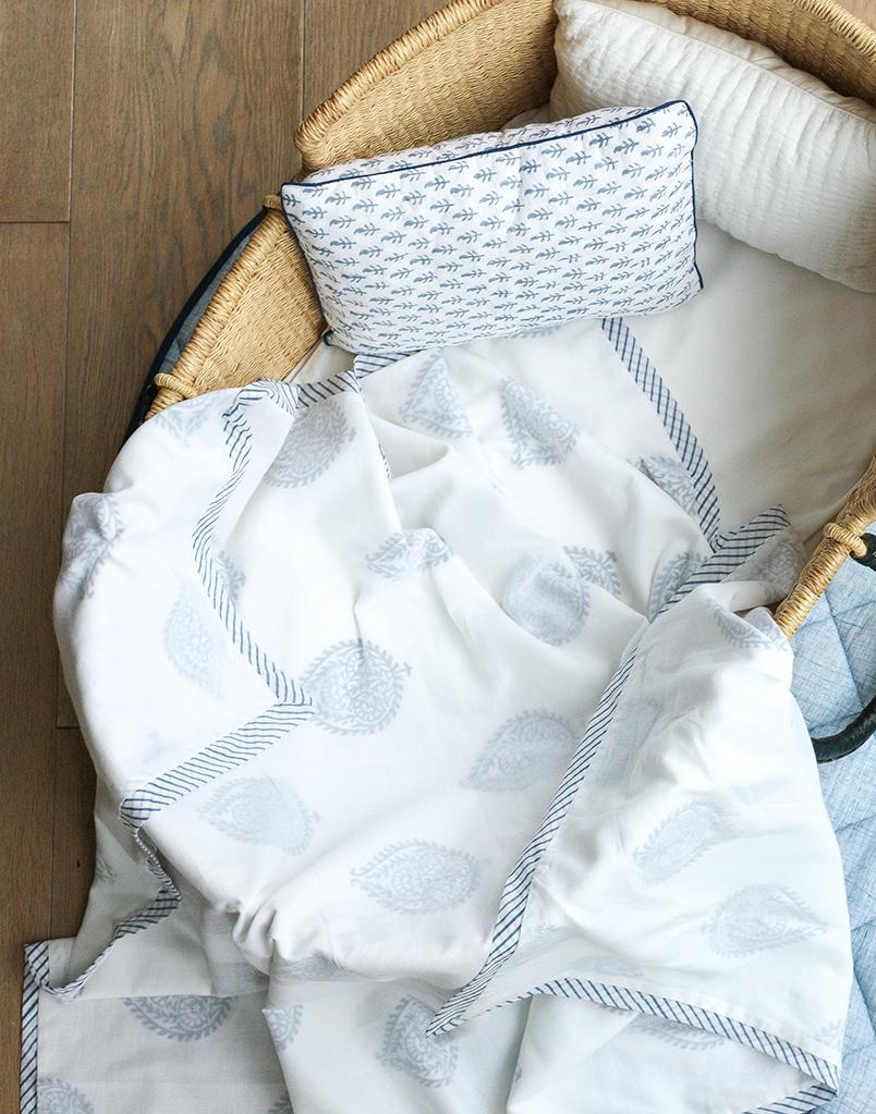 FORT Blue Cotton Dohar featuring soft natural cotton layers and hand block-printed design, perfect for babies.