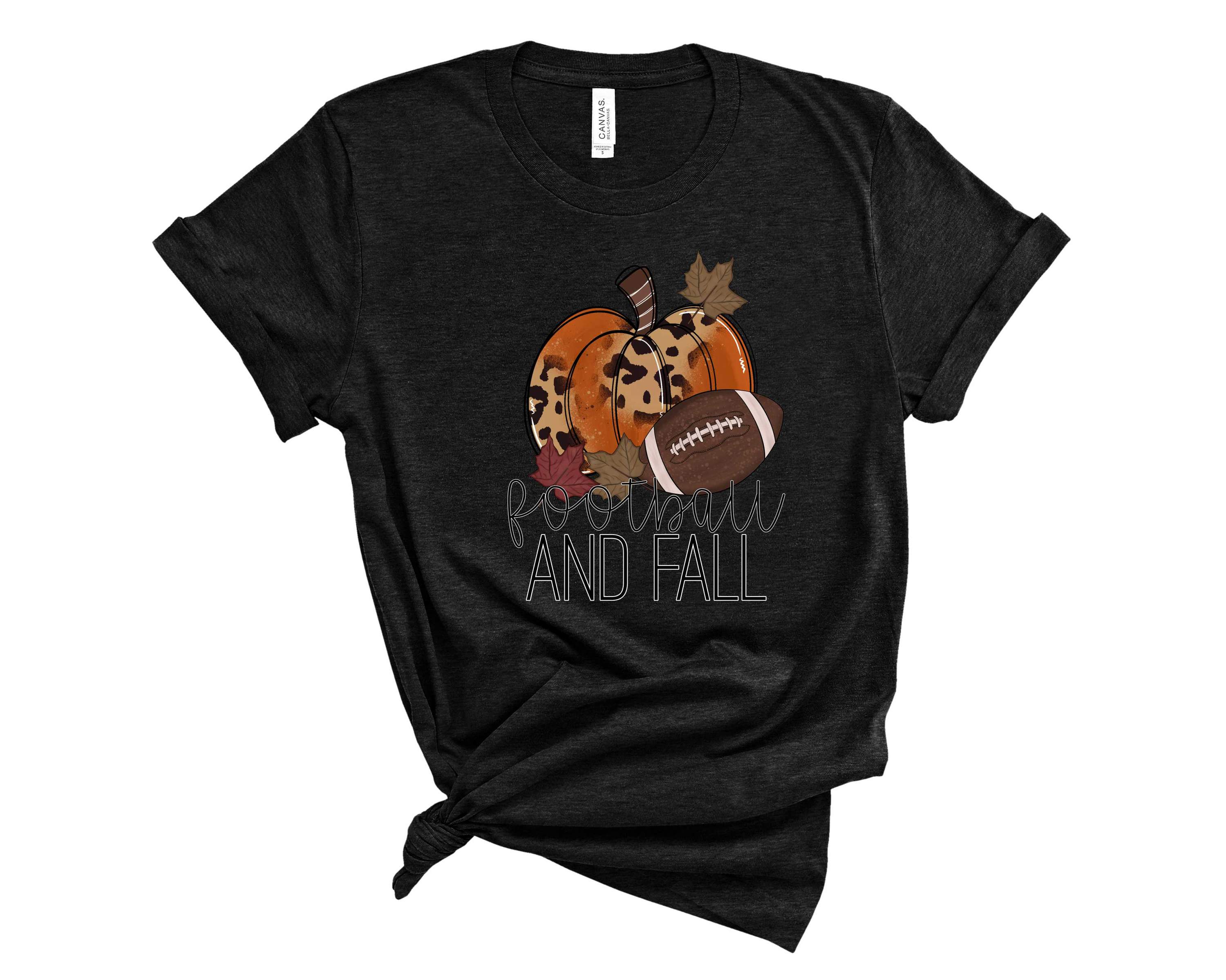 A stylish Football & Fall Graphic Tee made from soft Bella Canvas fabric, featuring a vibrant autumn-themed design.
