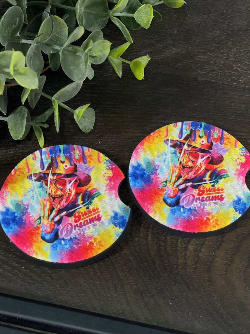 Freddy Sweet Dreams Car Coaster Set featuring vibrant design and durable neoprene material, perfect for car interiors.