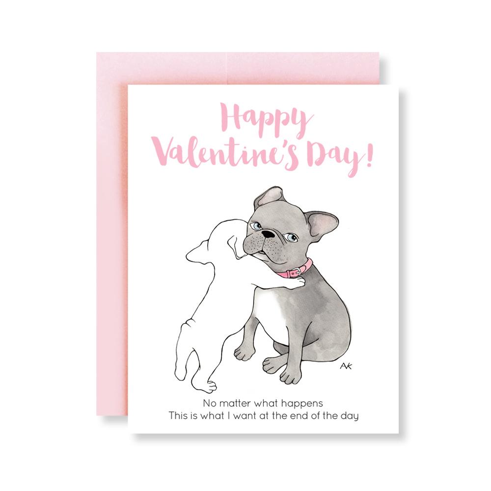 A cute French Bulldog illustration on a Valentine's Day card with a pink metallic envelope.