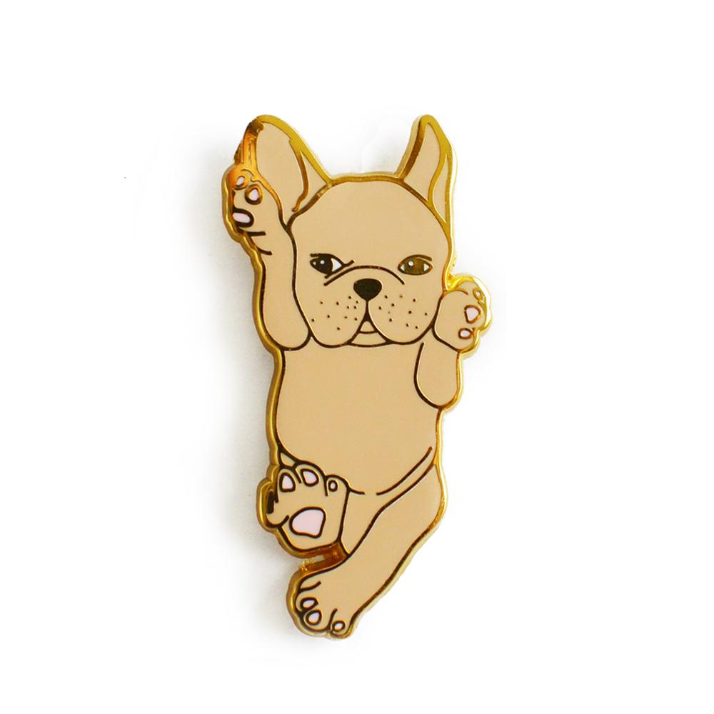 Fawn French Bulldog Enamel Pin, high-quality hard enamel with vibrant colors, presented on a stylish backing card.