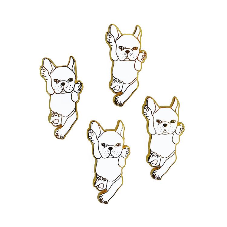 White French Bulldog enamel pin on a backing card, showcasing its cute design and high-quality finish.