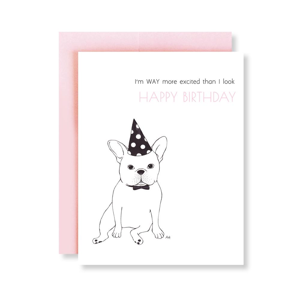 A humorous French Bulldog birthday card with a pink metallic envelope, featuring a playful design perfect for dog lovers.