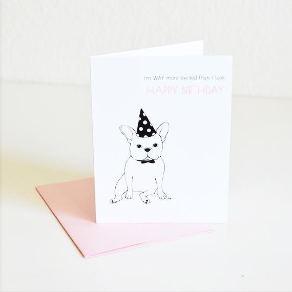 A humorous French Bulldog birthday card with a pink metallic envelope, featuring a playful design perfect for dog lovers.