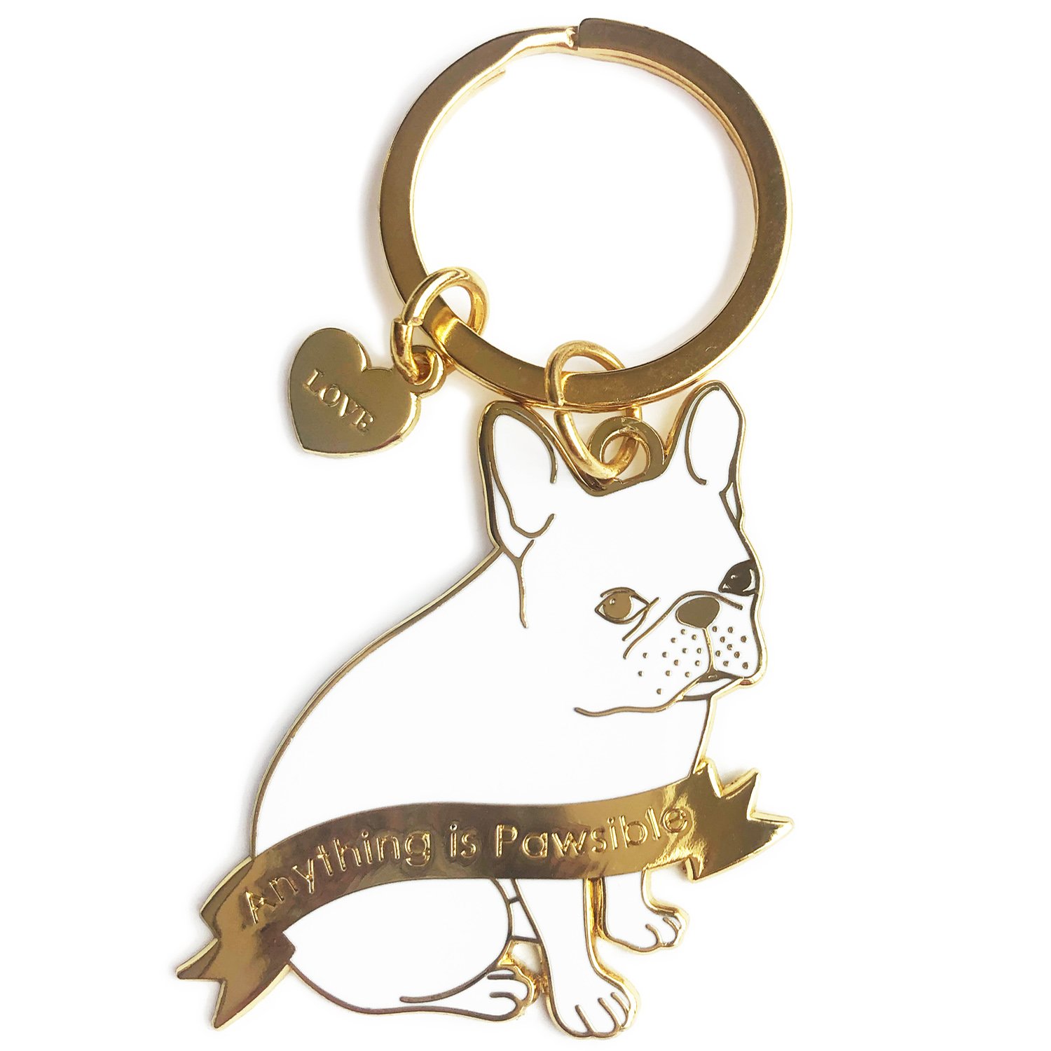 French Bulldog Pawsible Keychain featuring a fawn Frenchie design, high-quality hard enamel, and gold foil backing card.