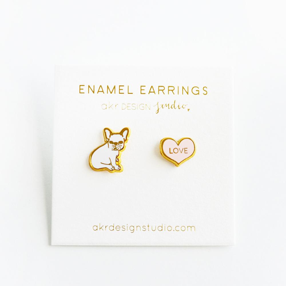 Frenchie & Heart Earrings featuring a playful design with high-quality hard enamel and butterfly stopper.