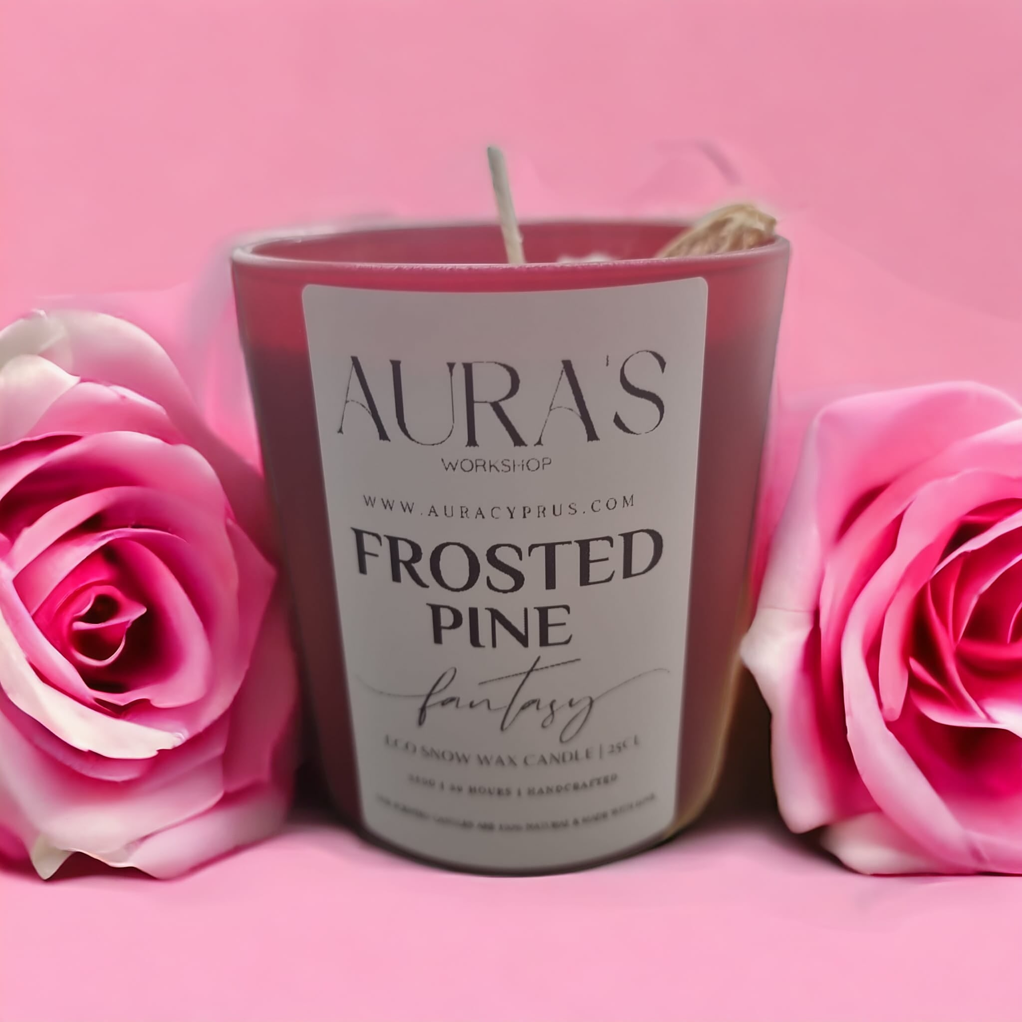 Frosted Pine Fantasy Eco Snow Candle in red matte glass jar, showcasing a winter wonderland design with frosted pine scent.