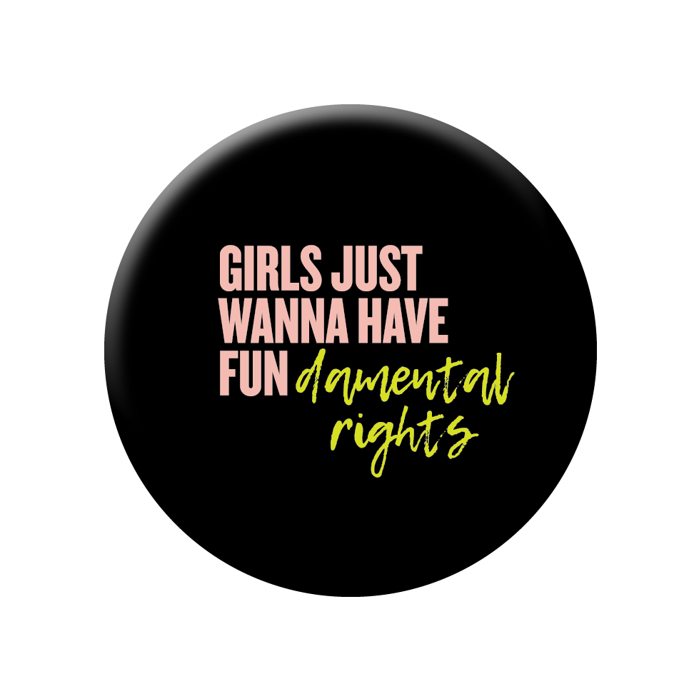 A vibrant FUNdamental Rights pin, magnet, and bottle opener set, showcasing a colorful design with empowering text, perfect for daily inspiration.