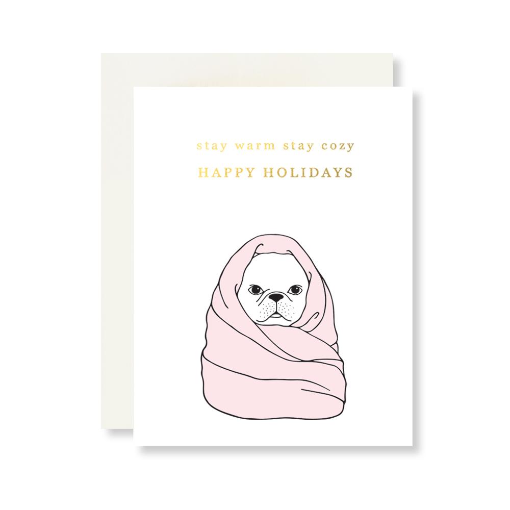 A boxed set of 8 Funny French Bulldog holiday cards with quartz metallic envelopes, showcasing adorable dog designs.