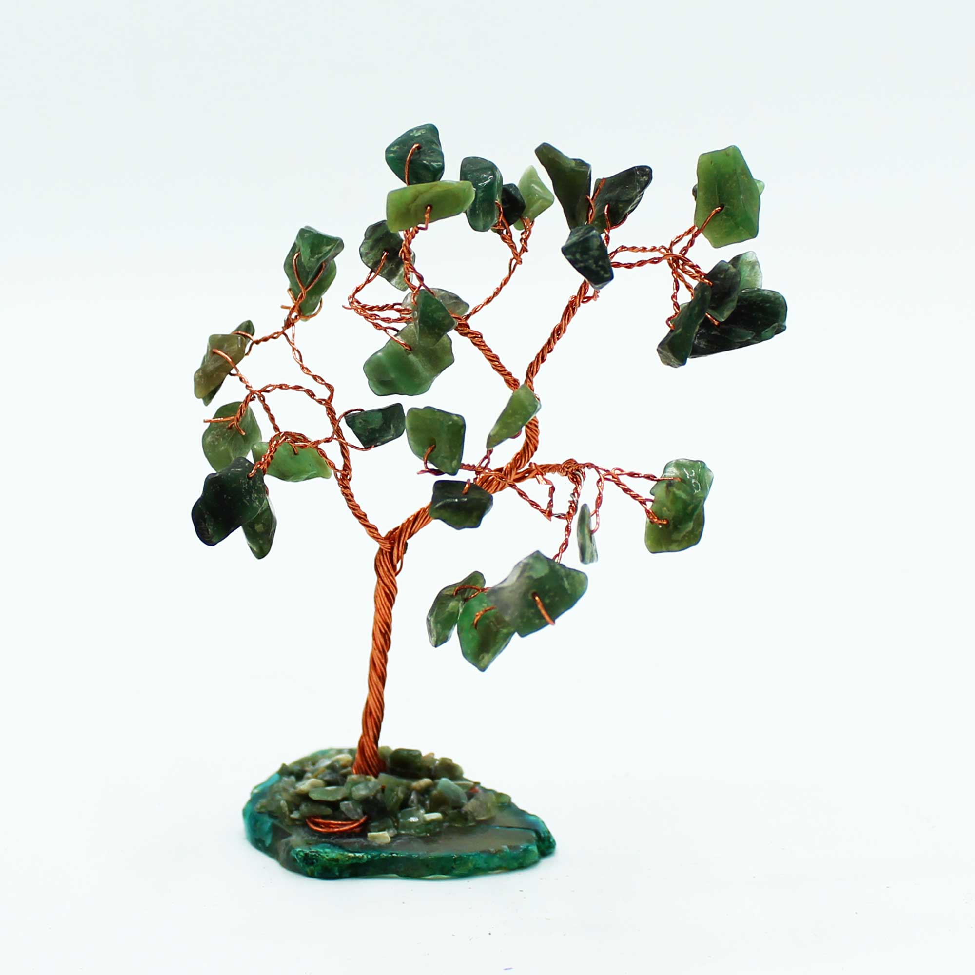 A beautiful Green Aventurine Gemstone Tree with 35 stones on a Green Agate Base, showcasing lush green hues and flexible wire branches.