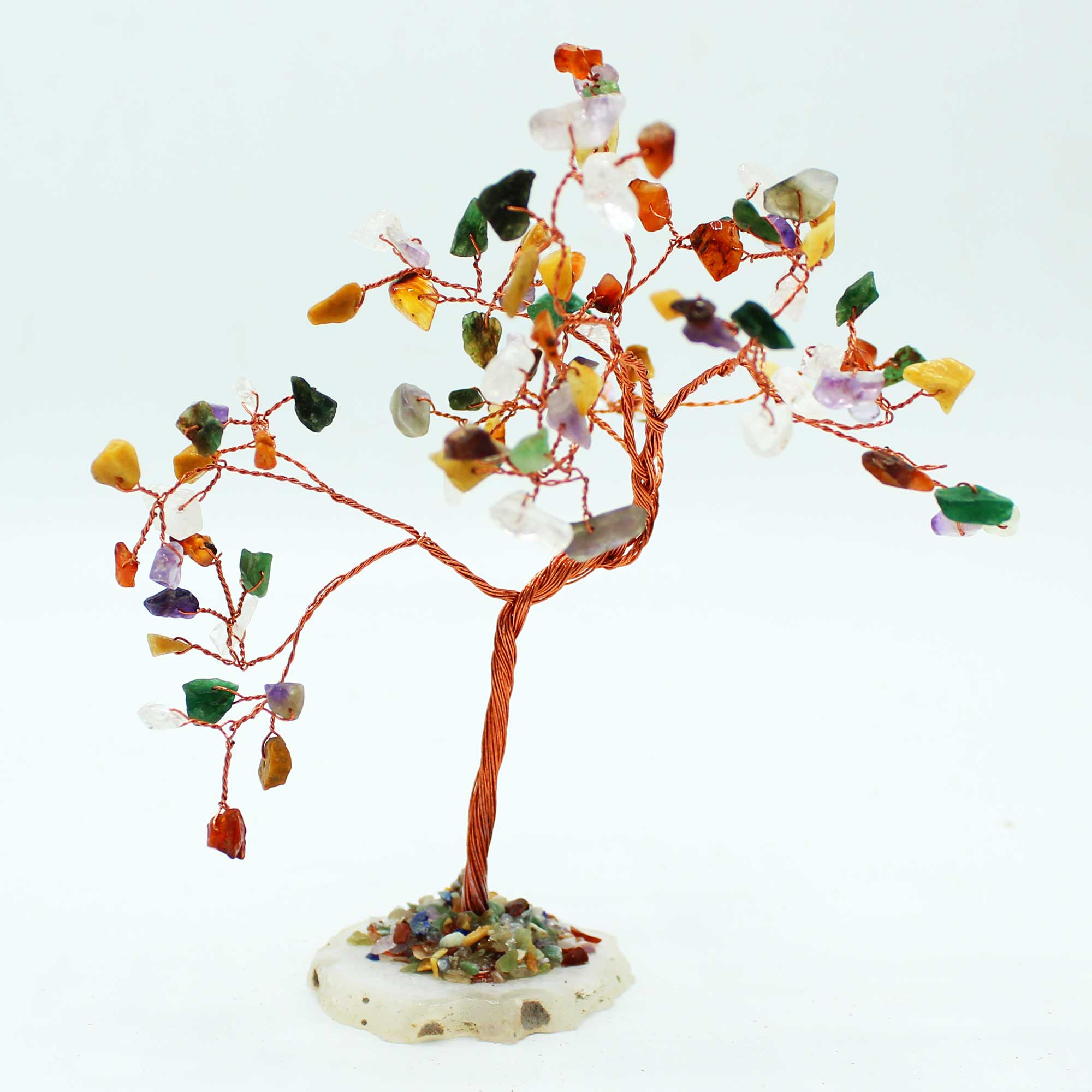 A beautifully crafted 35-stone gemstone tree on a natural agate base, showcasing vibrant colors and flexible branches.