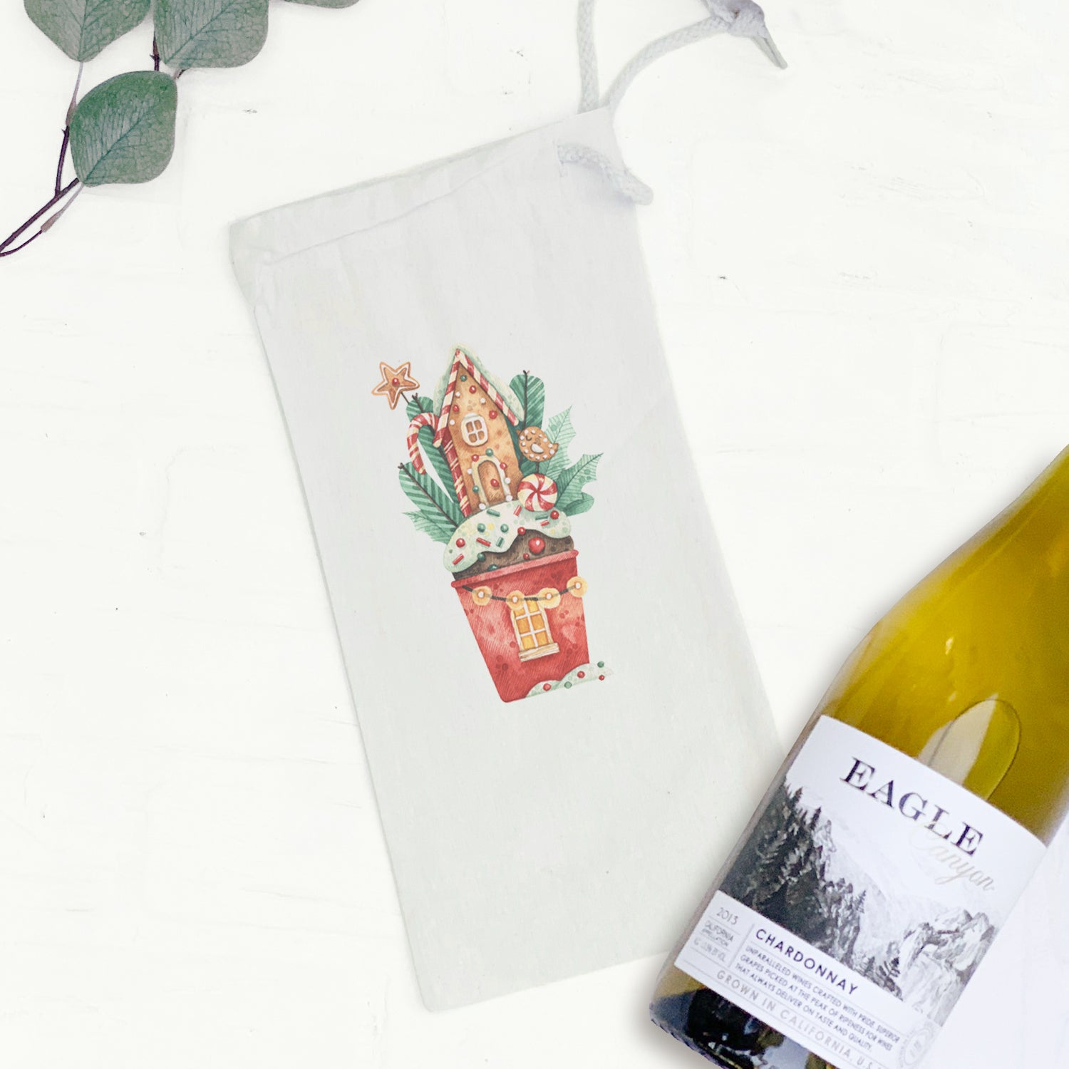 Gingerbread House Cupcake canvas wine bag with festive design, perfect for wine gifting.