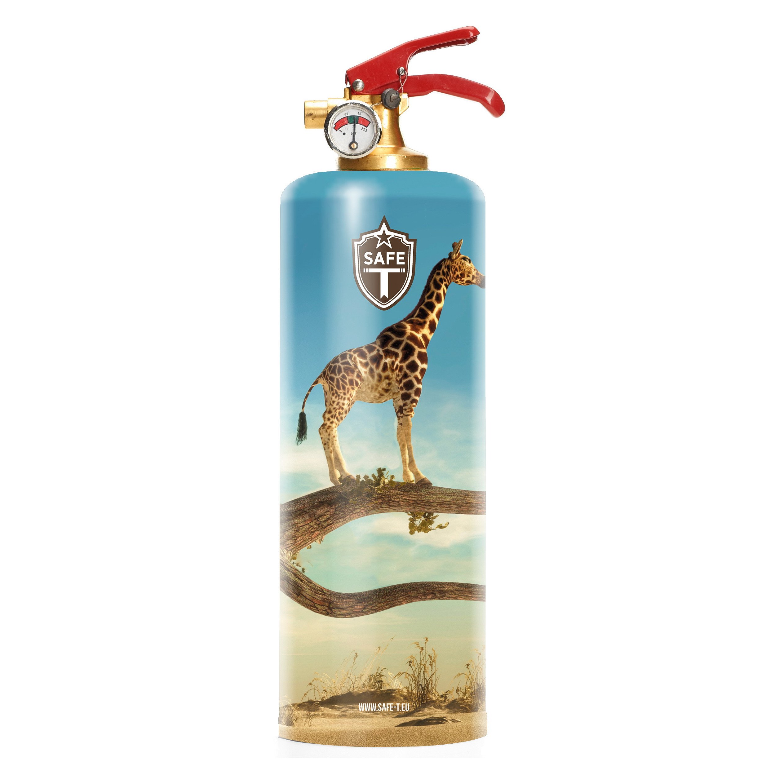 Giraffe Sky stylish fire extinguisher in a modern design, showcasing its sleek steel and brass construction.