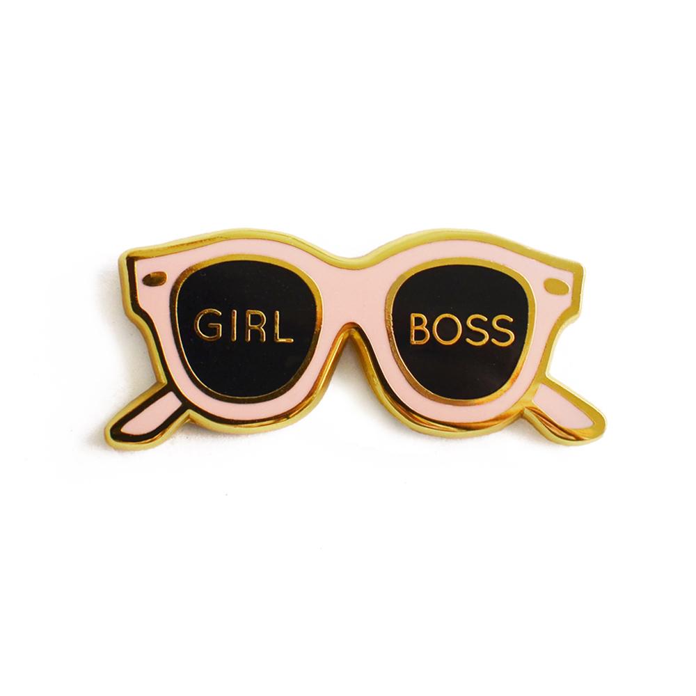 Girl Boss Pink Sunglasses Enamel Pin on a backing card, showcasing vibrant pink color and stylish design.