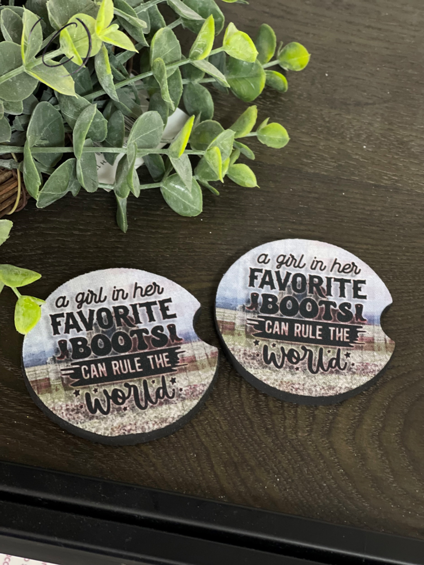 Girl & Her Fav Boots car coaster set featuring a stylish boot design, made of durable neoprene material.